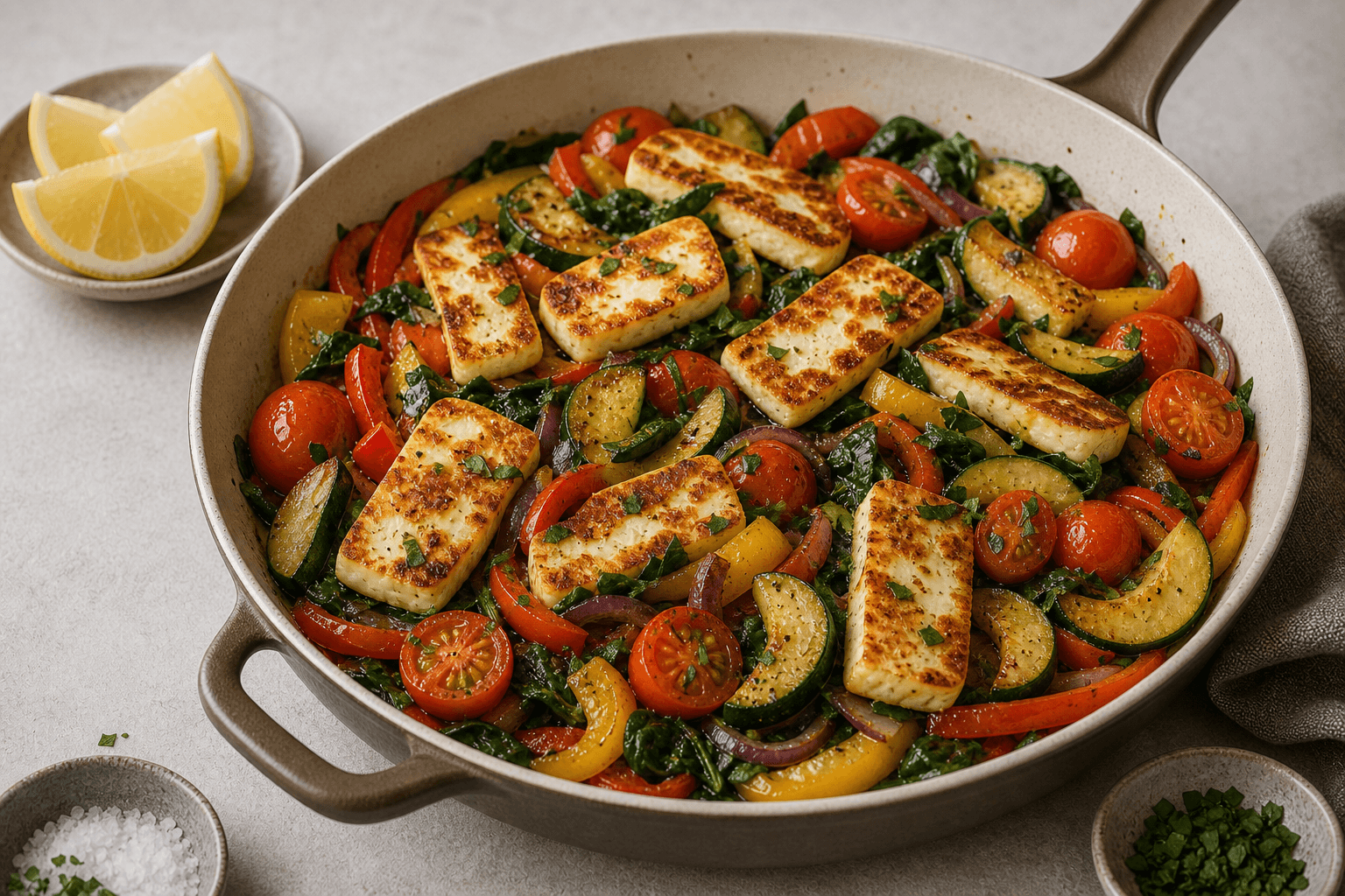 Halloumi-pande med gylden halloumi, tomater, squash, peberfrugt og spinat.