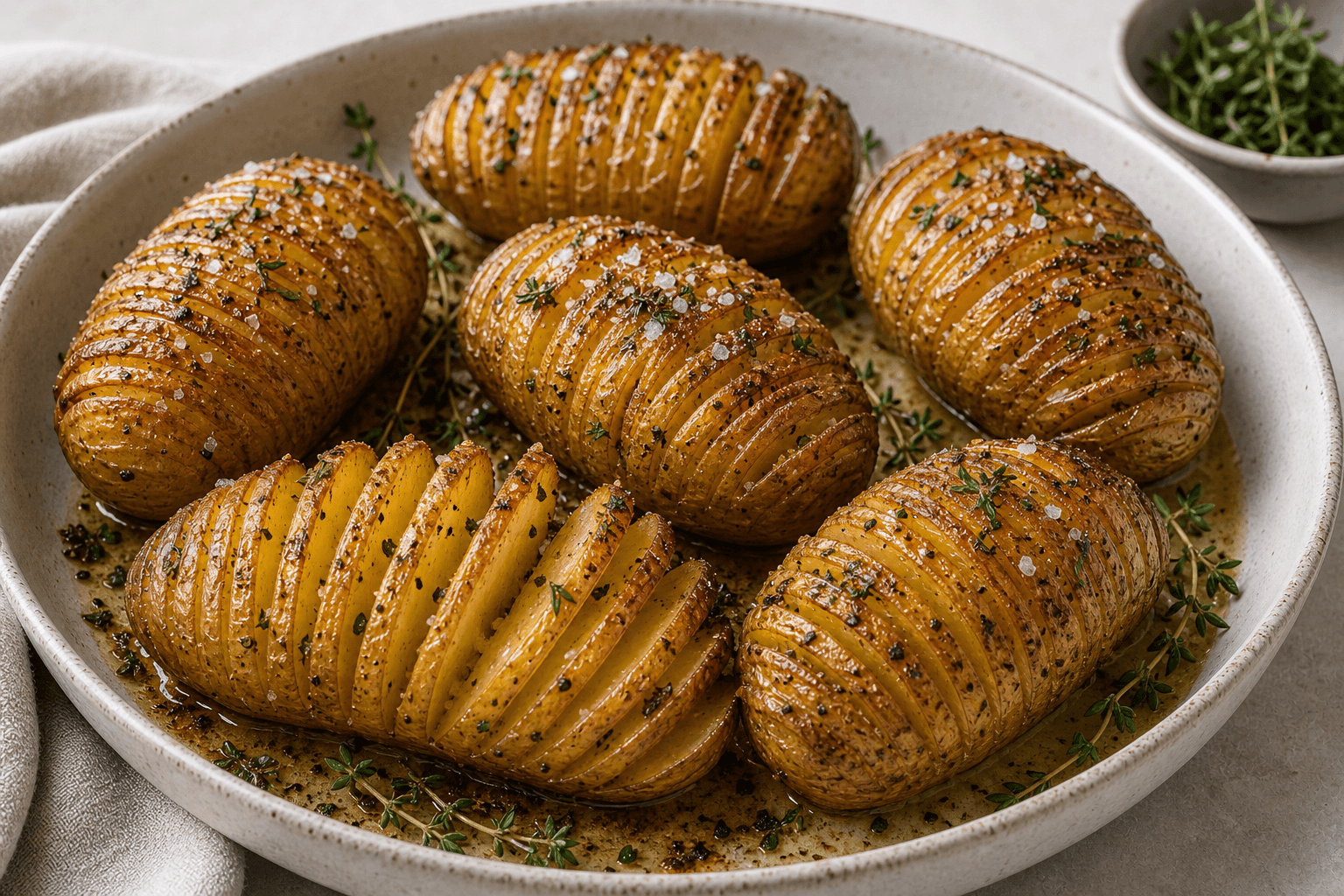 Hasselback kartofler med tynde snit, gyldne kanter, urter og smør.