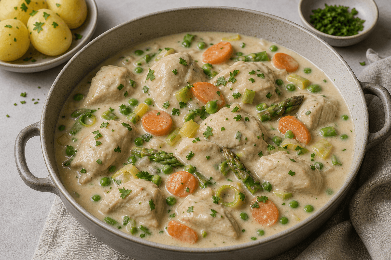 Hønsefrikassé med kylling, grøntsager, kogte kartofler og lys cremet sauce.