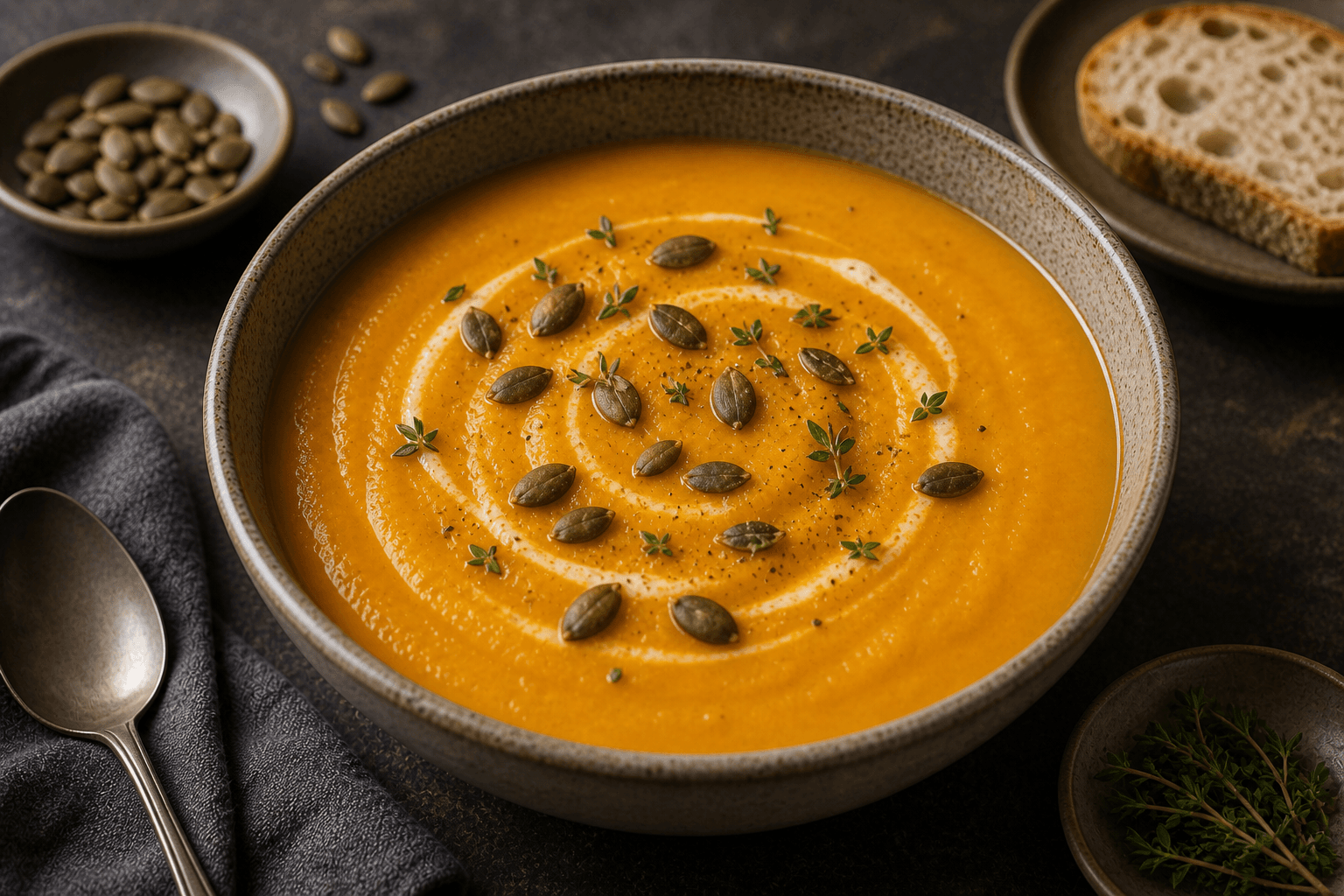 Hokkaidosuppe i skål med orange cremet suppe, kerner, urter og en lys topping.
