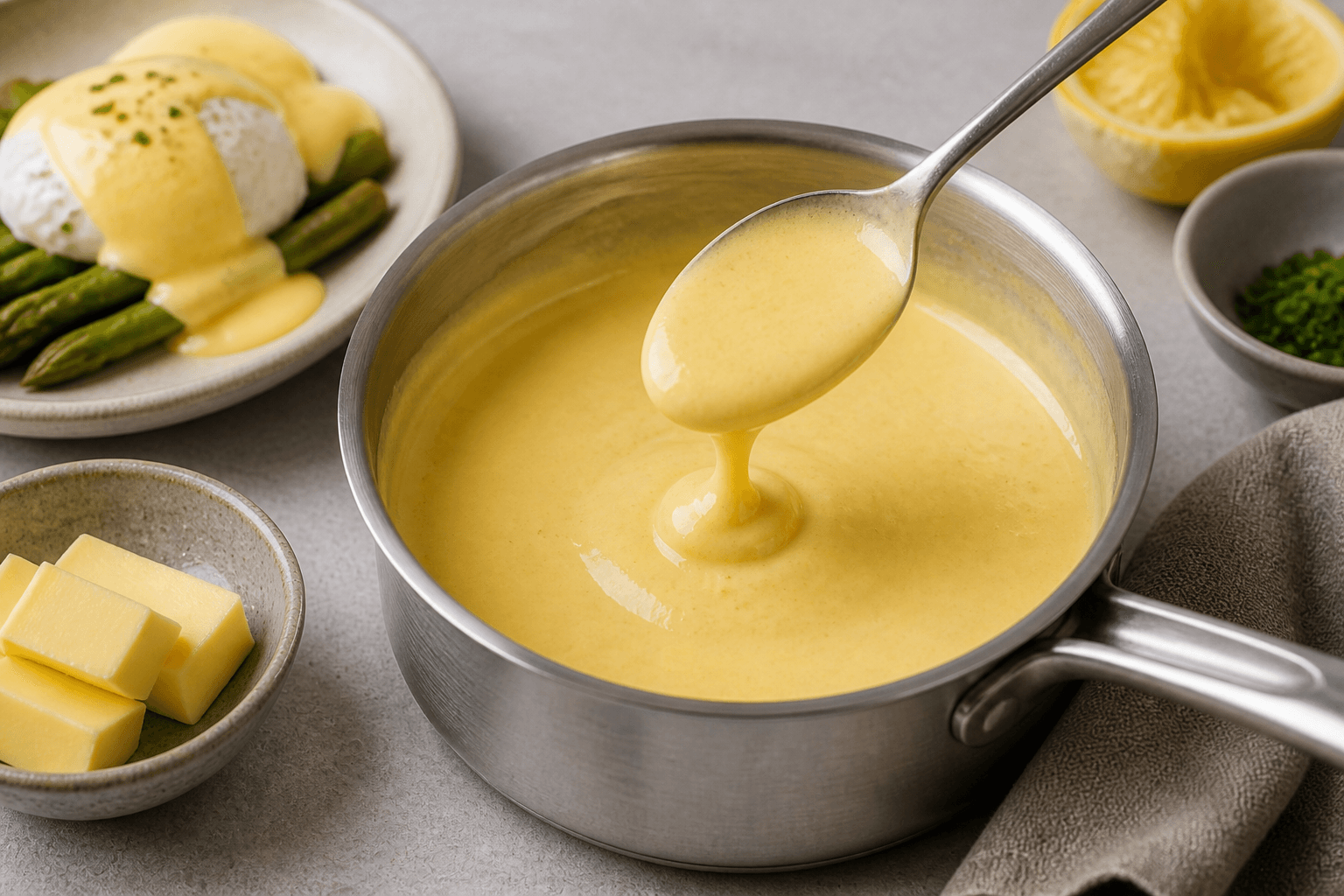 Hollandaise i lille skål med blank gul sauce, citron og en ske med sauce.