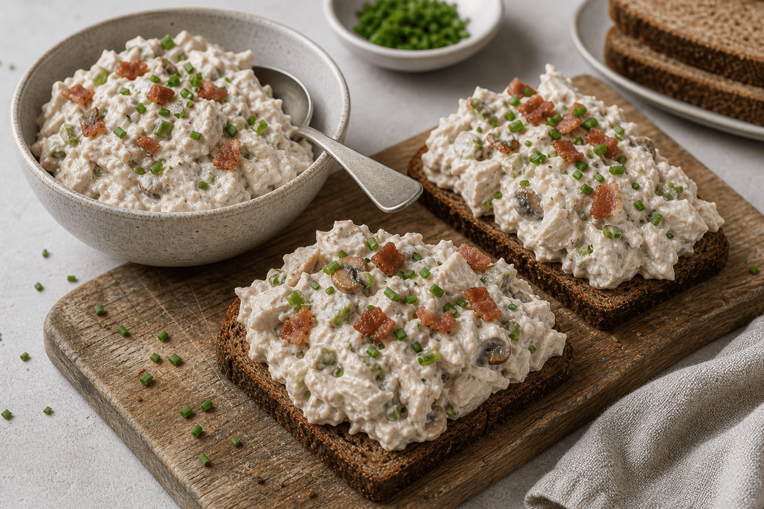 Hønsesalat i skål og på brød med cremet fyld, kylling og grøn pynt.