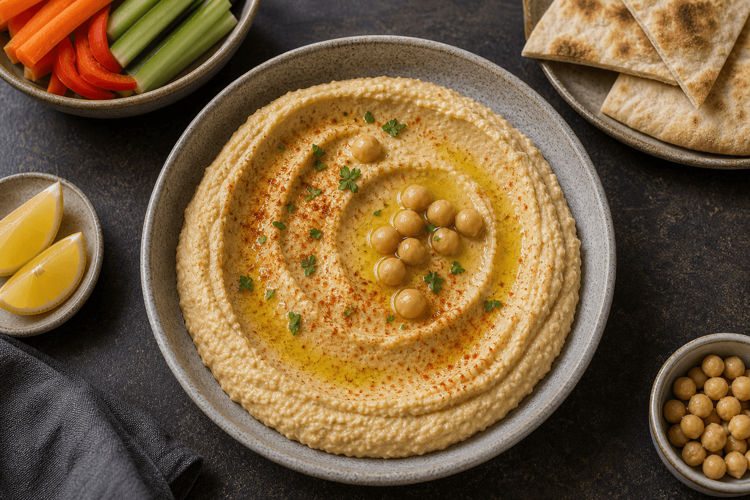 Hummus i skål med olivenolie, kikærter, krydderi og brød ved siden af.