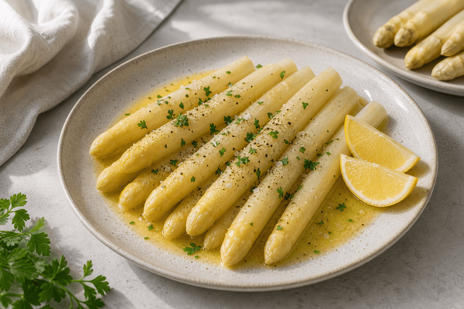 Hvide asparges som tilbehør med smør, citron, persille, salt og sort peber.