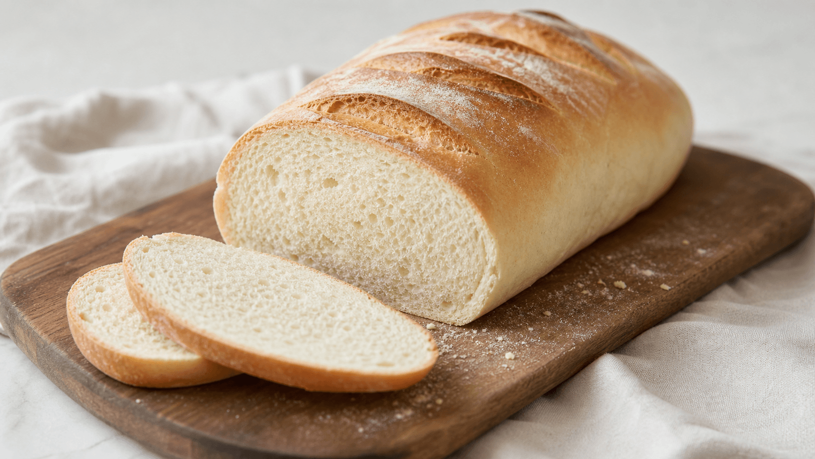 Franskbrød med blød krumme og lys skorpe.