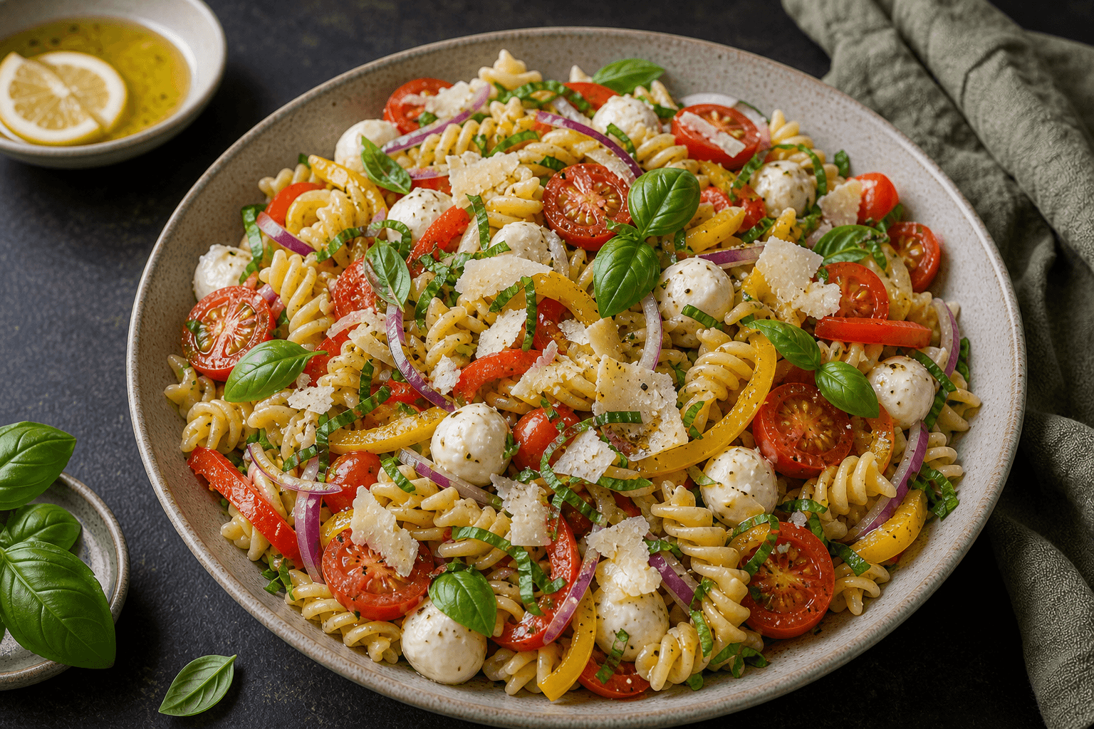 Italiensk pastasalat med pasta, tomater, mozzarella, peberfrugt, rødløg og basilikum.