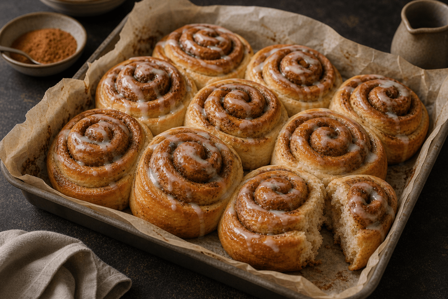 Kanelsnegle i bageform med gyldne spiraler, kanelremonce, glasur og en brækket snegl foran.