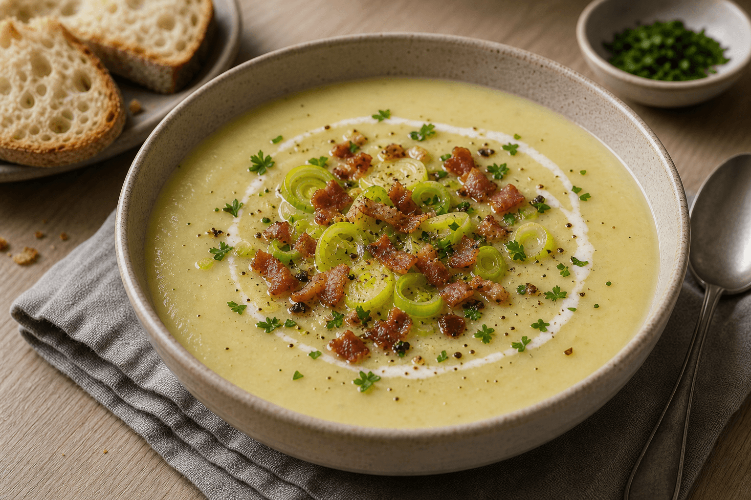 Kartoffel-porre-suppe i skål med porre, sprød bacon, persille og brød ved siden af.