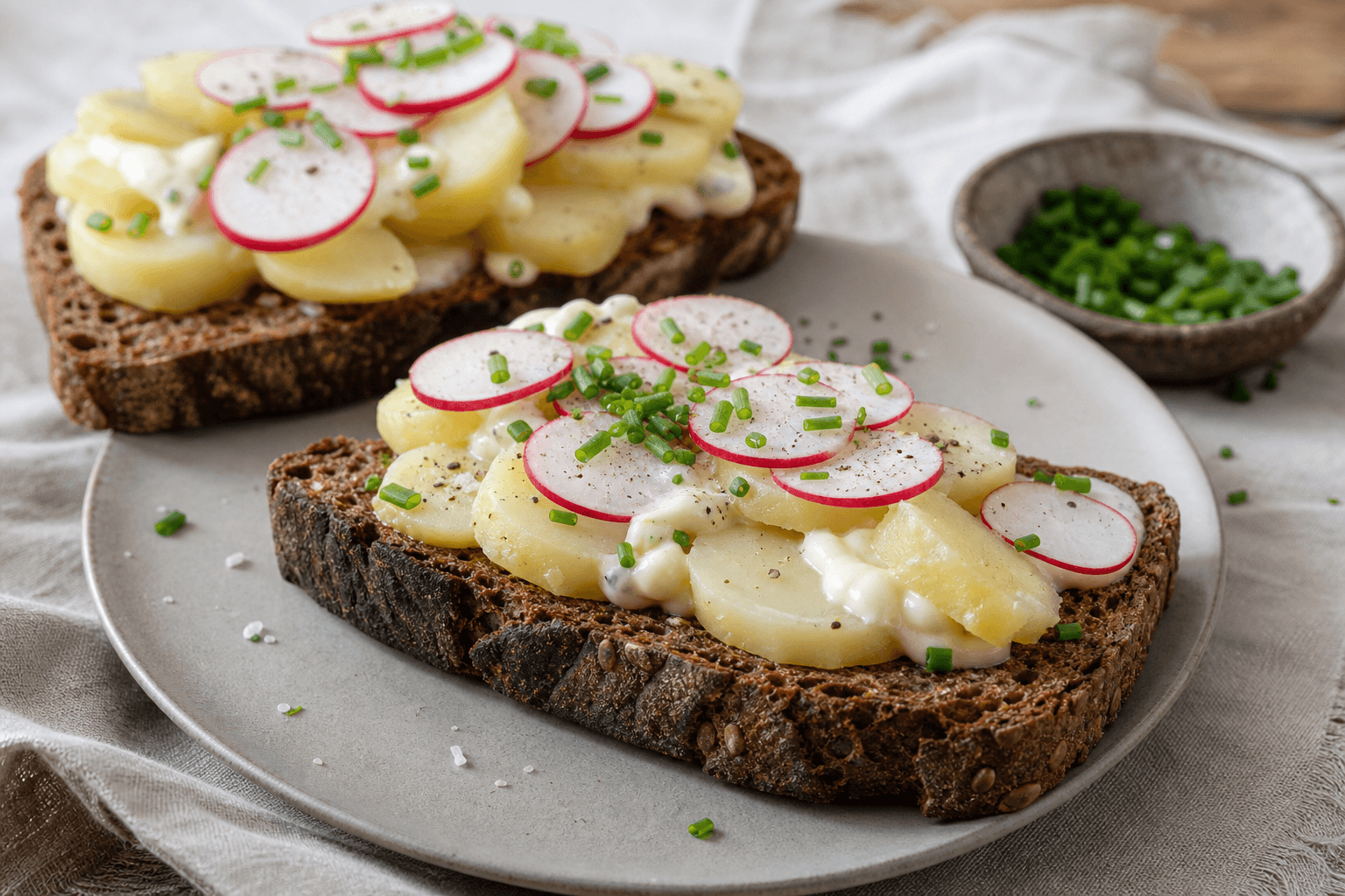 Kartoffelmad på rustikke rugbrødsskiver med kartofler, mayonnaise, radiser, purløg og sort peber.