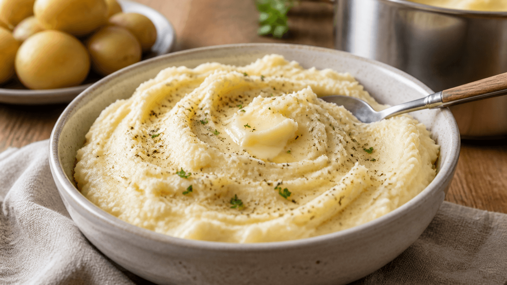 Cremet kartoffelmos i skål med bløde toppe, lidt peber og en lille smørklat.