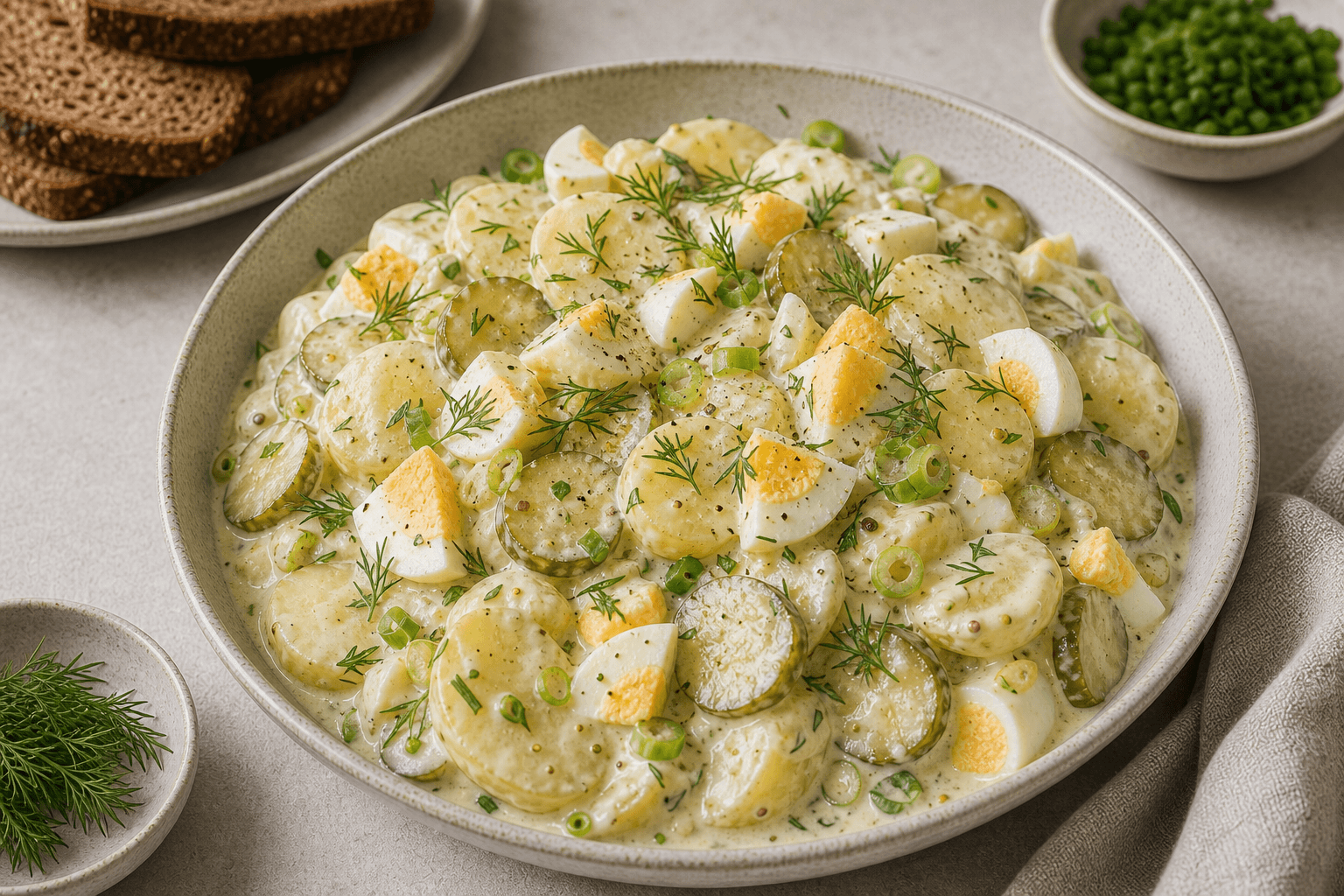 Kartoffelsalat med syltede agurker, æg, dild og cremet dressing i en skål.