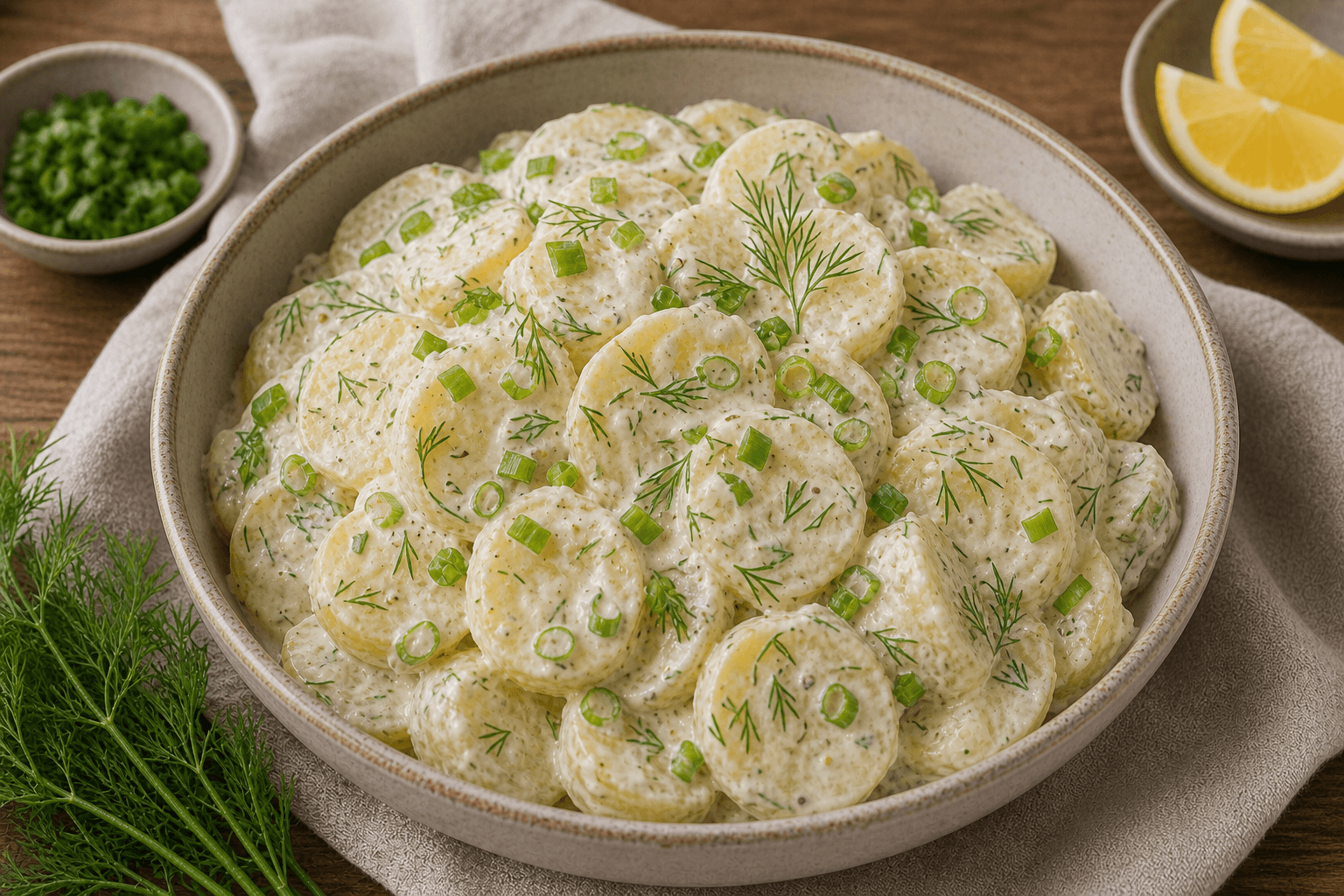 Klassisk kartoffelsalat med kogte kartoffelskiver, dild, forårsløg og cremet dressing.