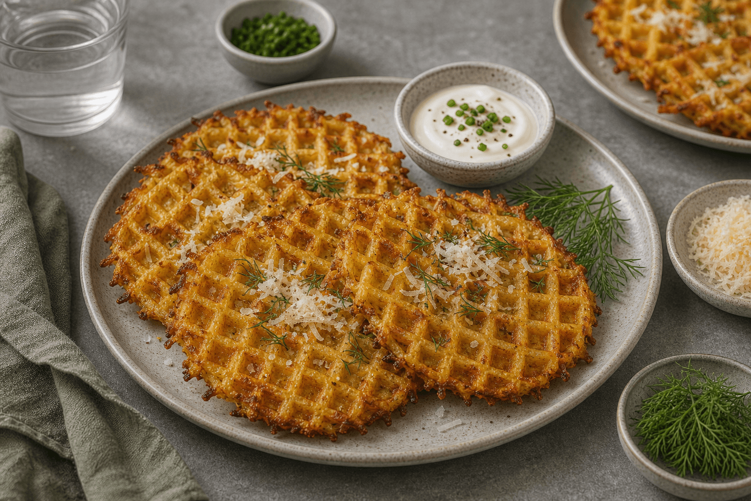 Kartoffelvafler på tallerken med sprøde gyldne kanter, parmesan, dild og en lille skål creme fraiche.