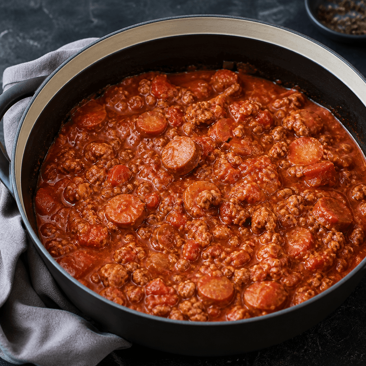 Kødsovs med tomat og pølser i gryde med rød sauce, hakket kød og pølsestykker.