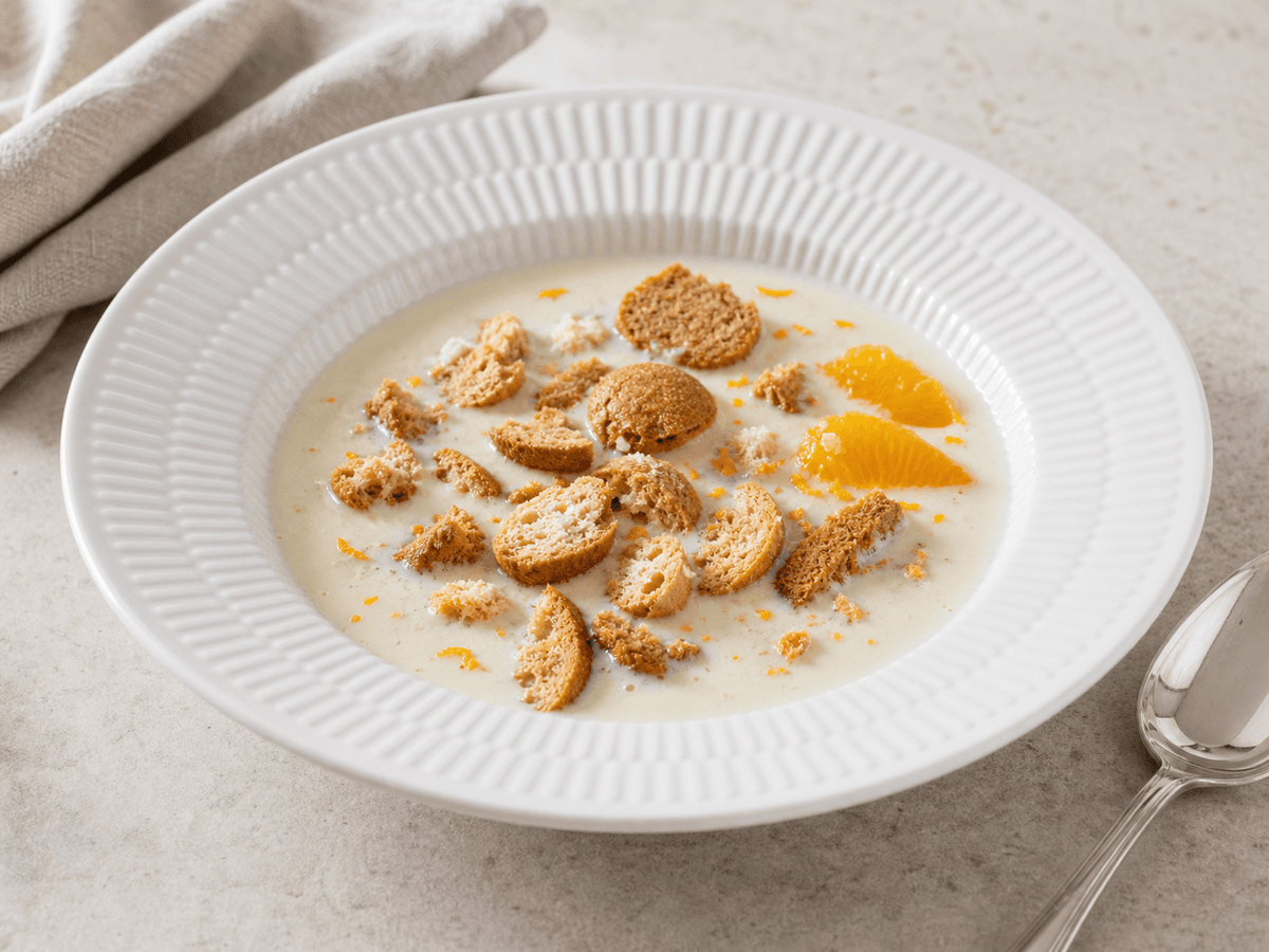 Koldskål med appelsin i skål med kammerjunkere, appelsinstykker og revet appelsinskal.