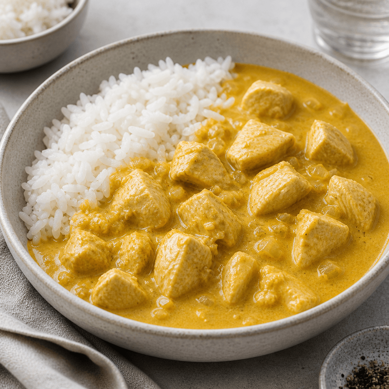 Kylling i karry med gule karrysauce, kyllingestykker og hvide ris i en skål.