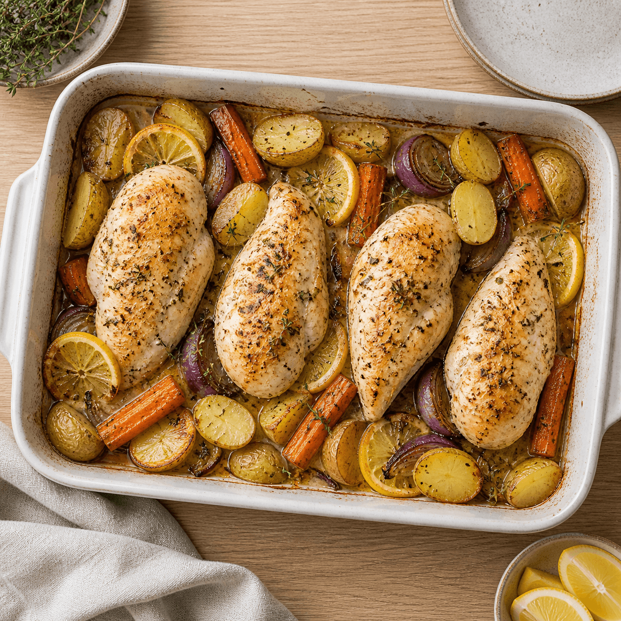 Kyllingebryst i ovn med citron, kartofler, gulerødder og urter i et ovnfast fad.