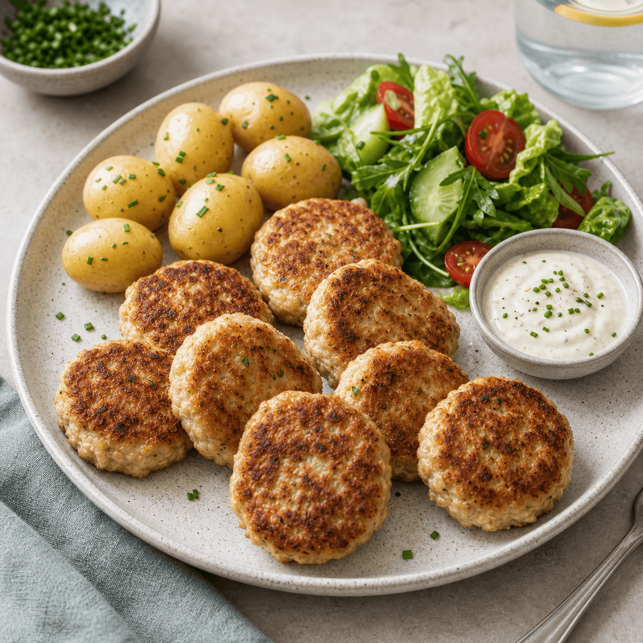 Kyllingefrikadeller med gylden stegeskorpe serveret med små kartofler, salat og dressing.
