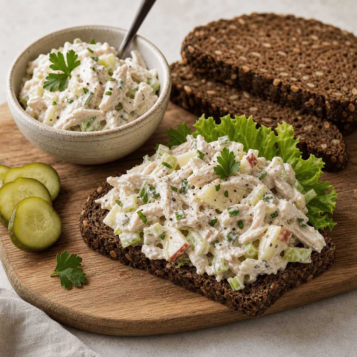 Kyllingesalat med cremet dressing, kyllingestykker, æble, selleri og rugbrød ved siden af.