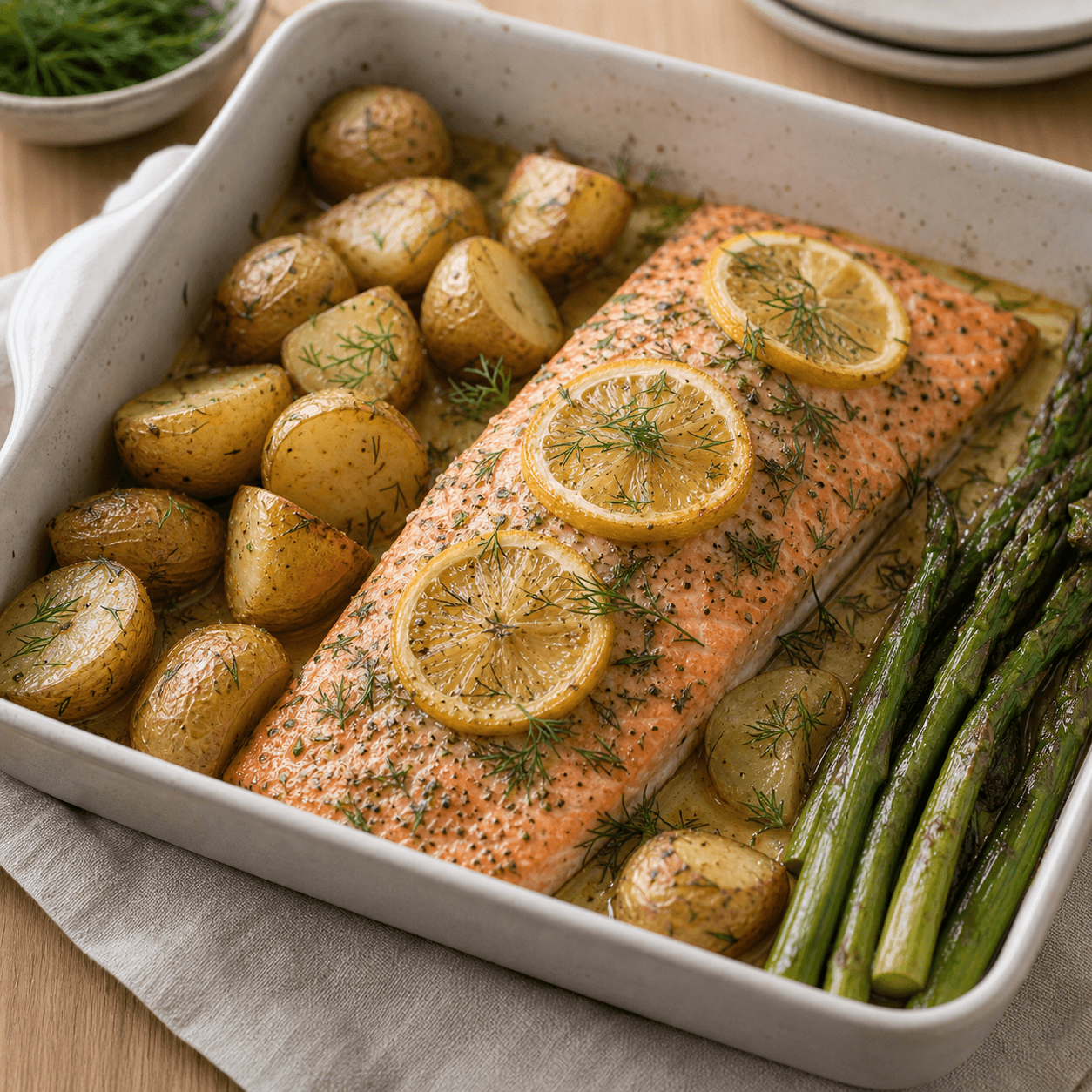 Laks i ovn med bagt laksefilet, citron, dild og enkle grøntsager.