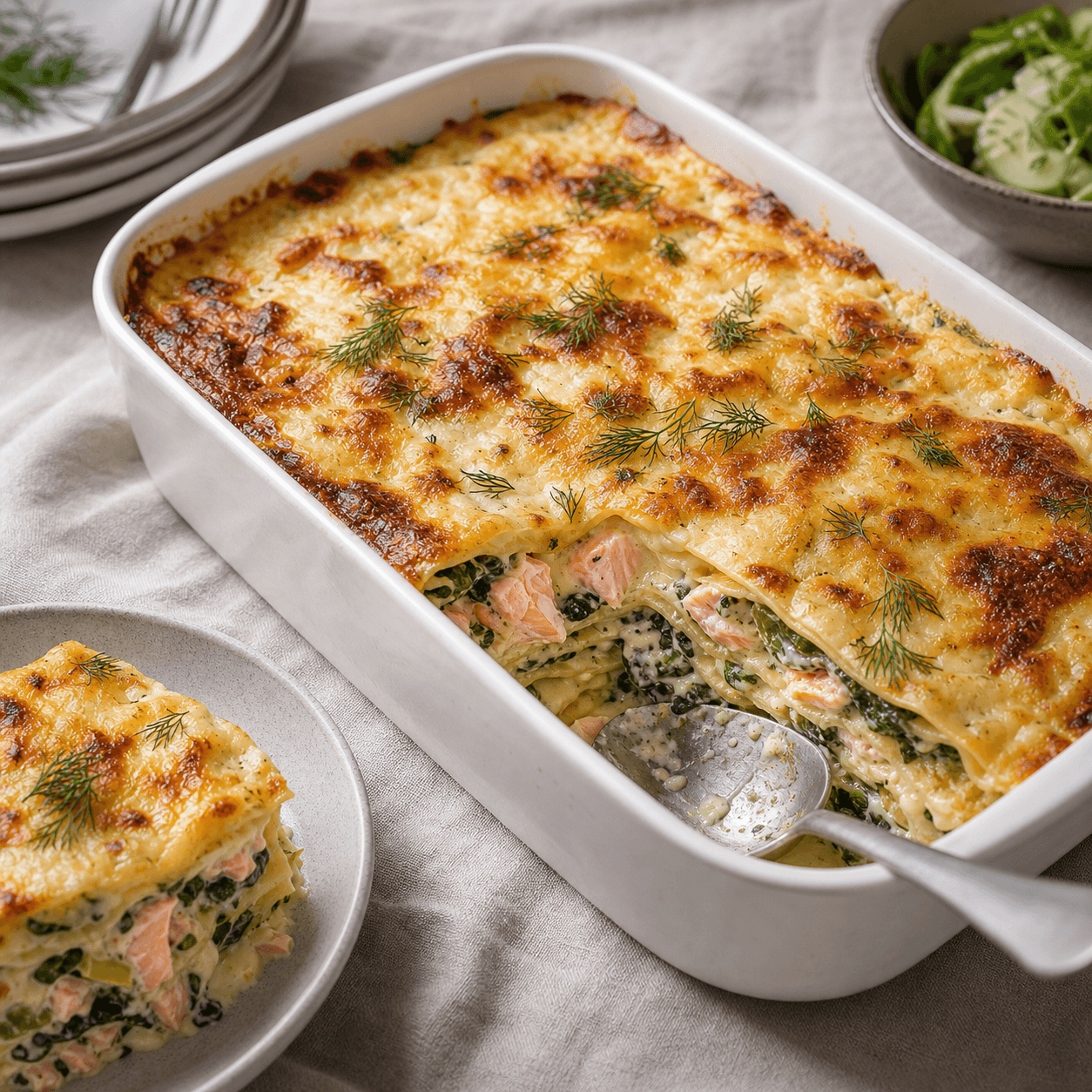 Lakselasagne i ovnfast fad med cremet sauce, pasta, spinat og synlige lag.