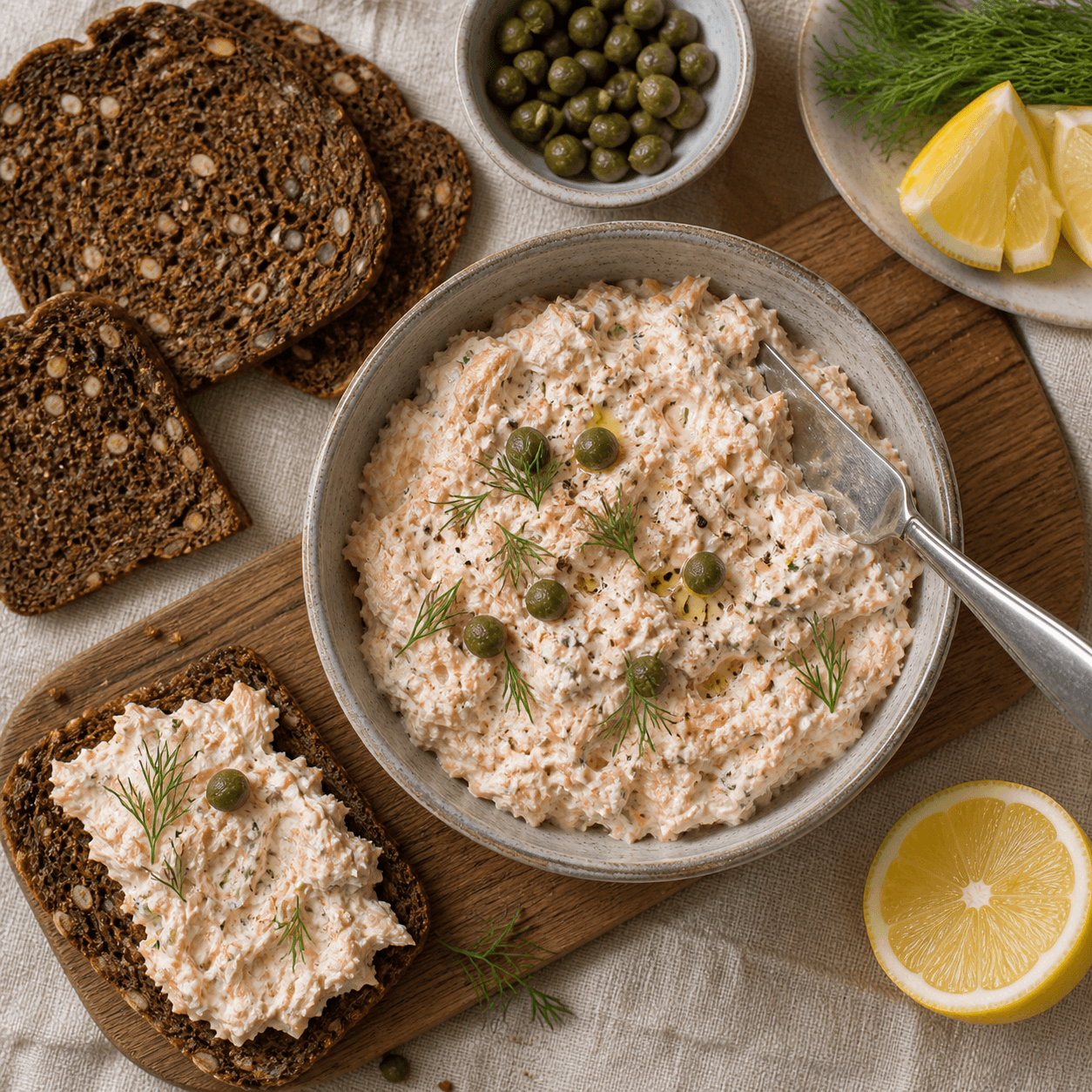 Lakserilette i skål med cremet laksefyld, dild, citron, kapers og rugbrød ved siden af.