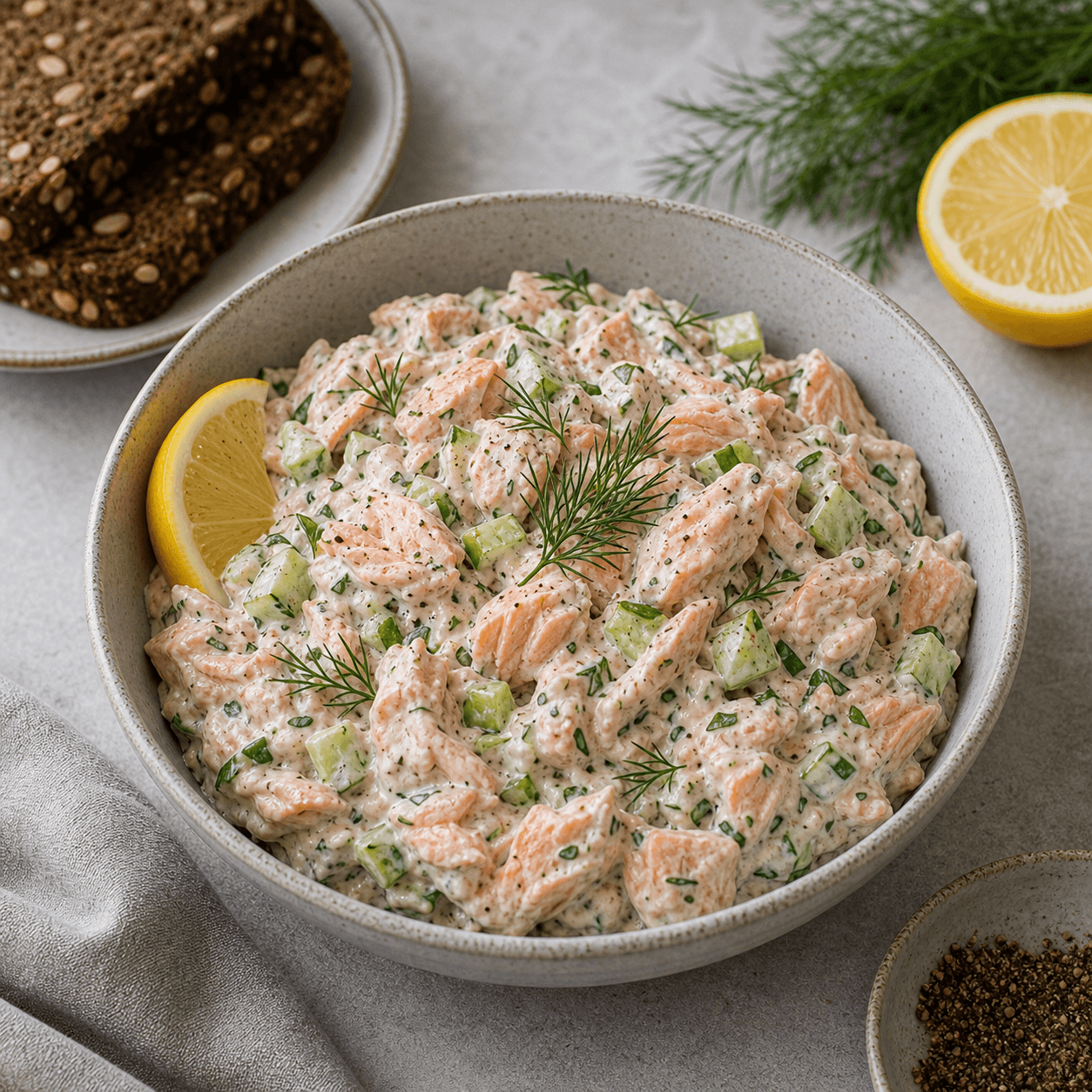 Laksesalat med dild i cremet dressing med synlige laksestykker og frokostbrød ved siden af.