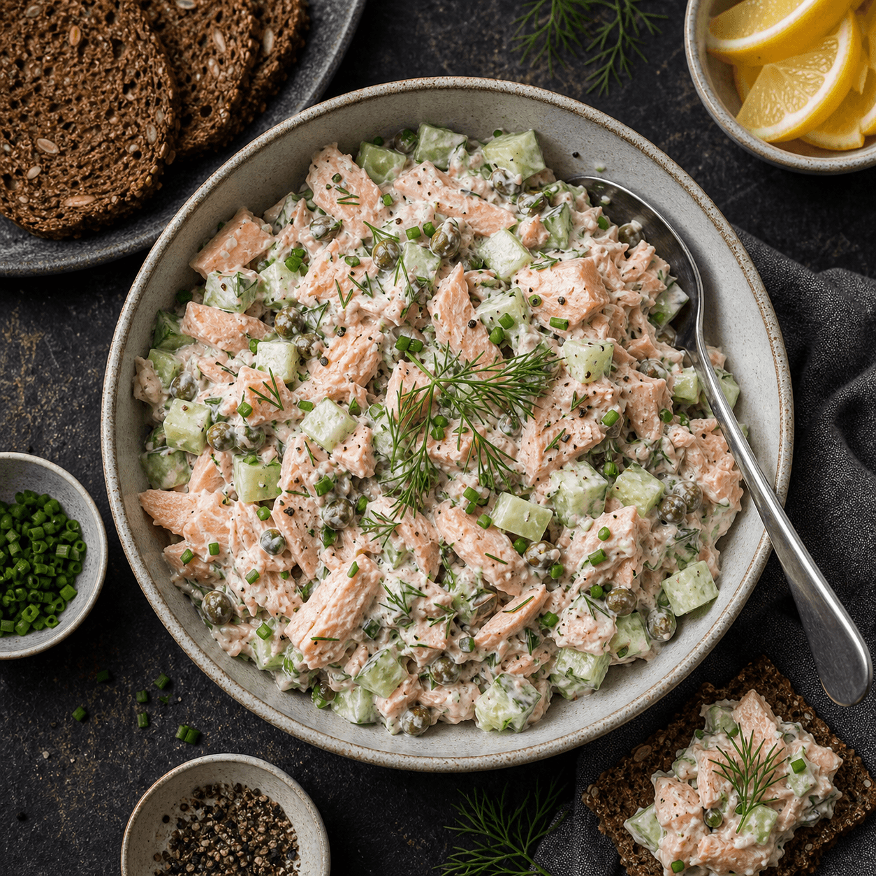 Laksesalat med cremet dressing, laksestykker, agurk, urter og rugbrød ved siden af.