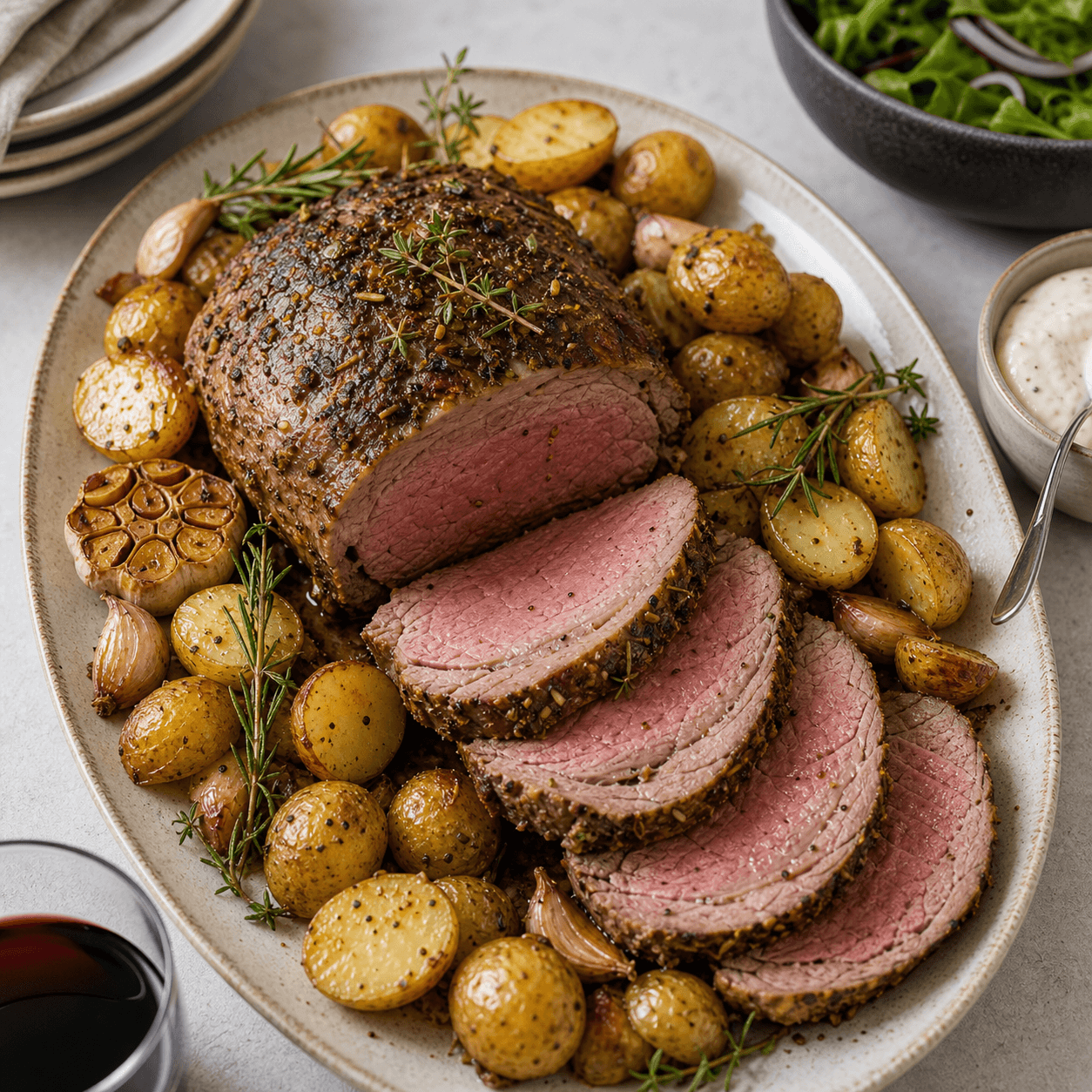 Lammeculotte skåret i skiver med rosa midte, kartofler, urter og sauce ved siden af.