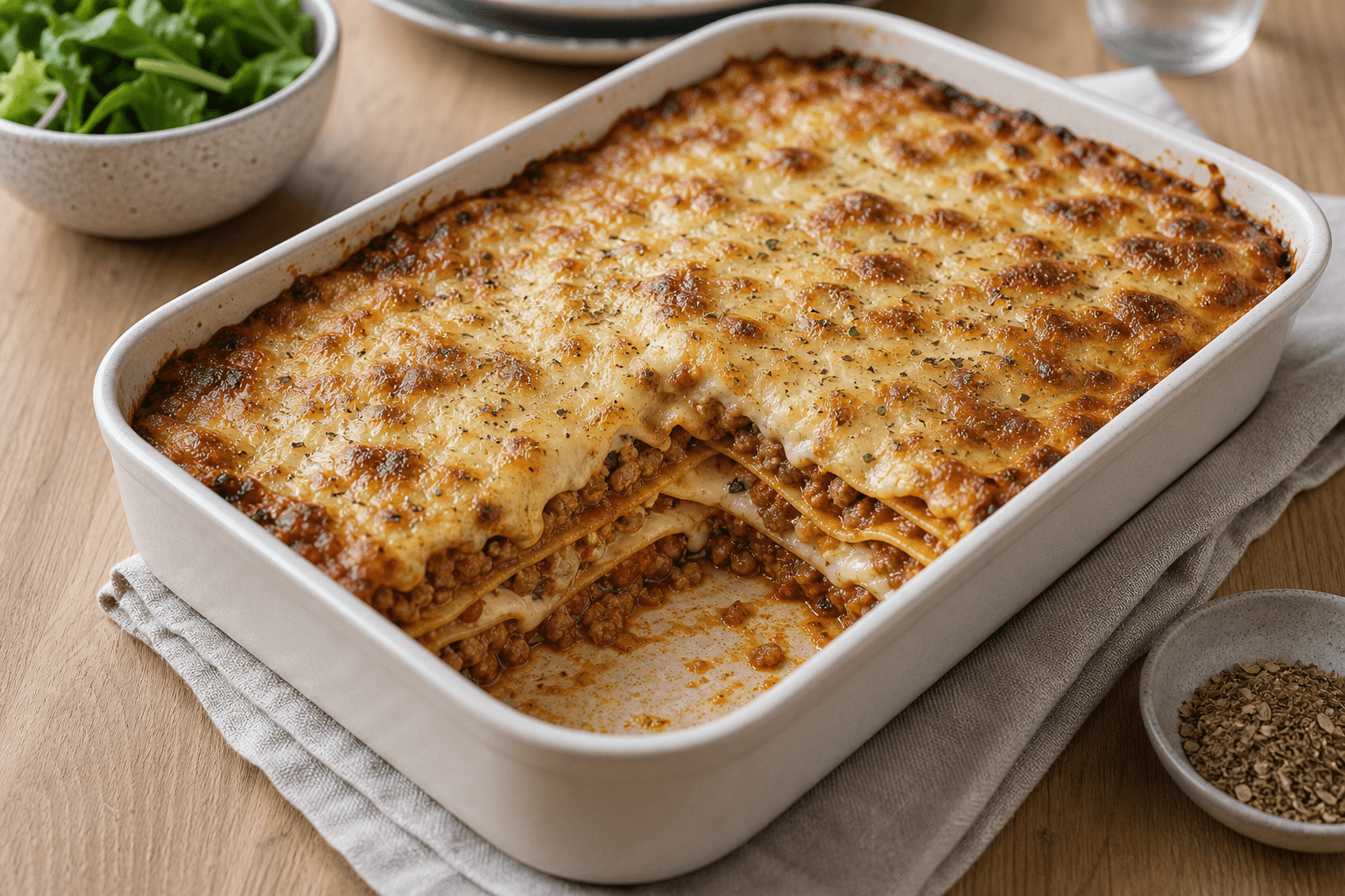 Lasagne med hakket grisekød i ovnfast fad med brunet ost, tomatsauce og synlige pastalag.