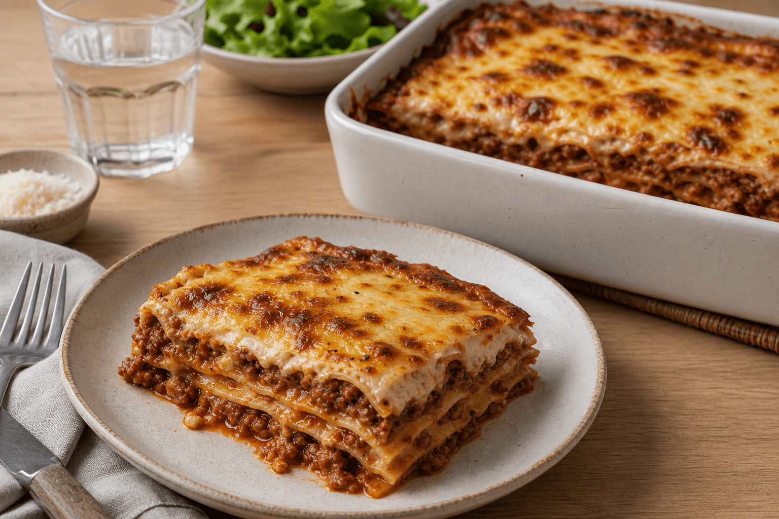 Klassisk lasagne med serveret stykke, brunet ost, kødsauce, bechamel og synlige lag.