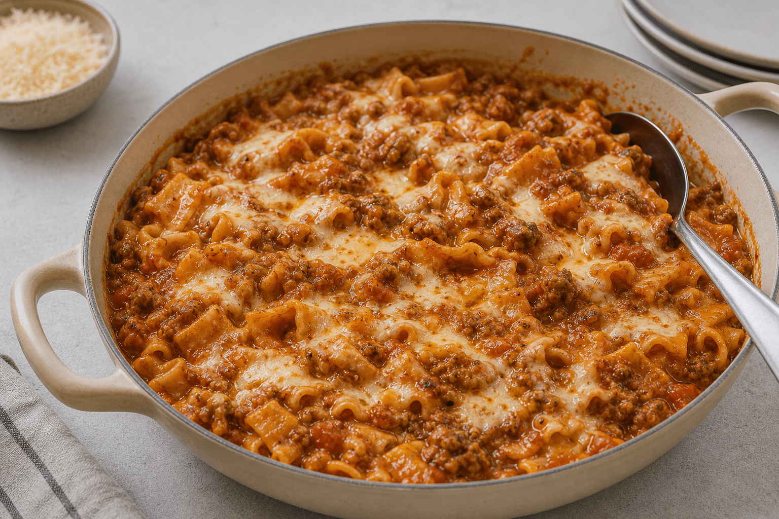 Lasagnette i gryde med kort pasta, tomat-kødsauce, smeltet ost og serveringsske.