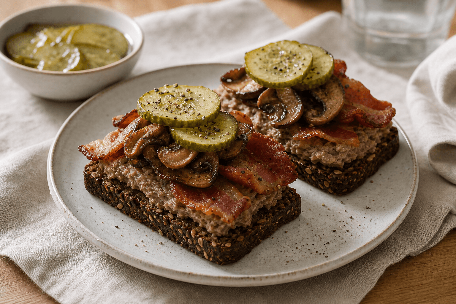 Leverpostejmad på rugbrød med bacon, stegte champignoner, syltet agurk og sort peber.