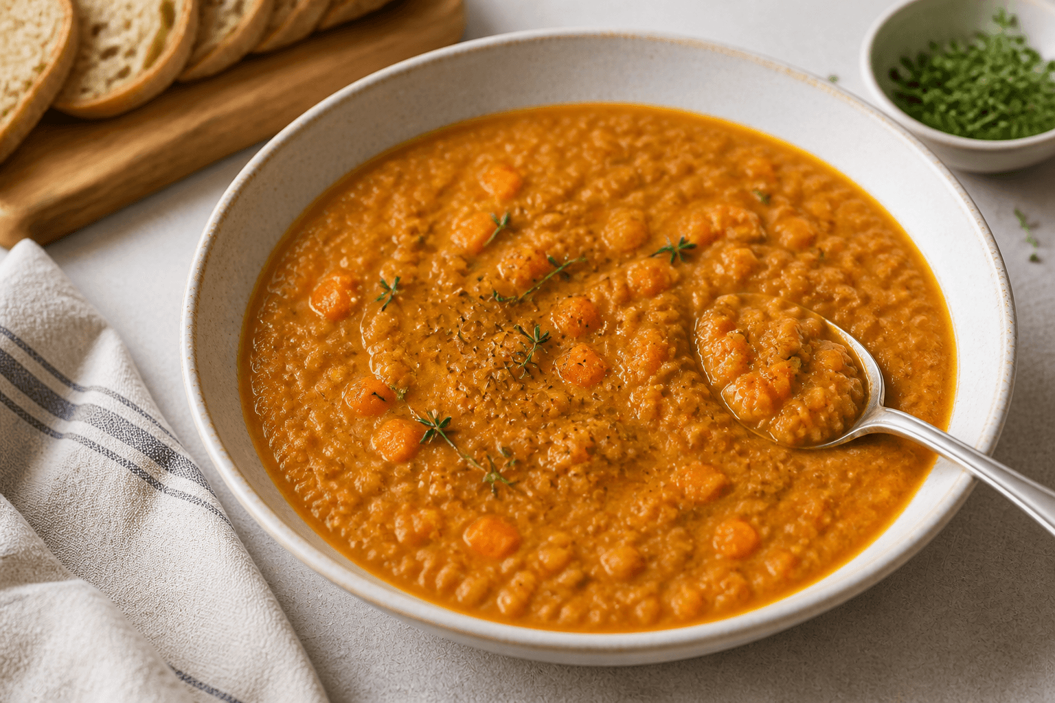 Linsesuppe med gulerod i skål med tyk orange suppe, synlige linser, gulerodsstykker og ske.