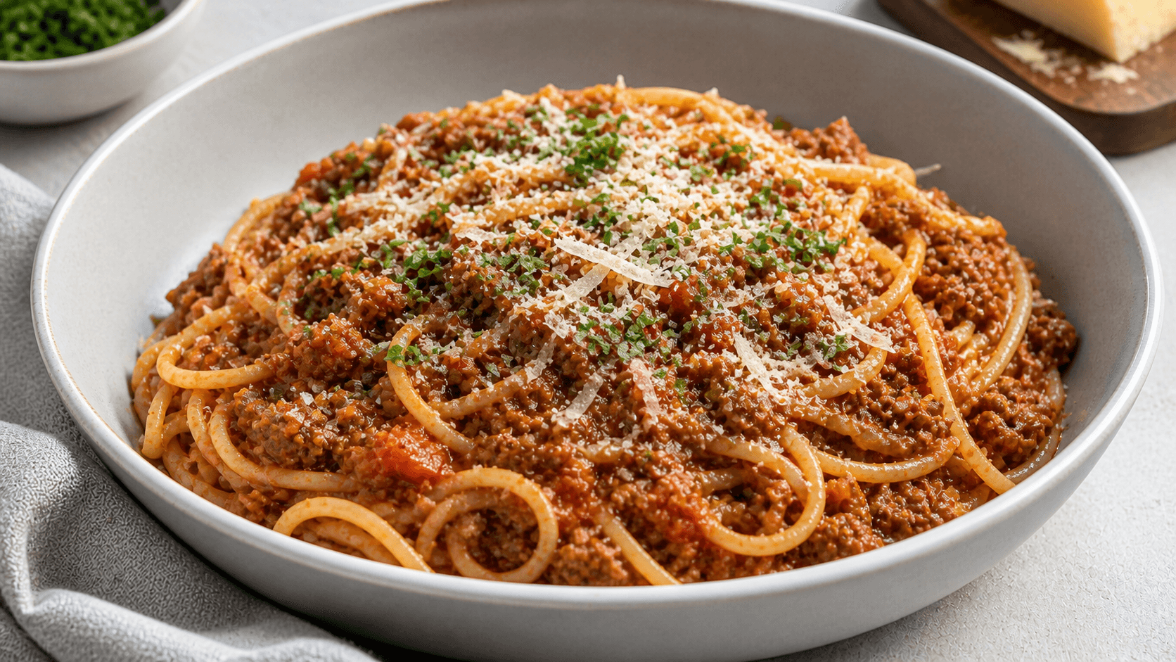 Lyn bolognese i skål med spaghetti, kødsauce, revet ost og grønne urter.