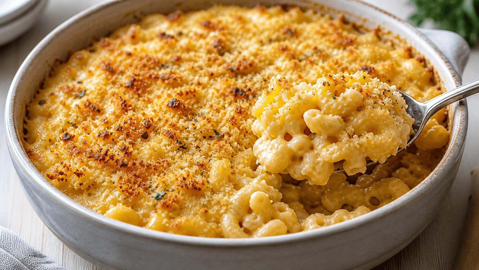 Mac and cheese i ovnfast fad med gyldent ostelåg og cremet macaroni på ske.