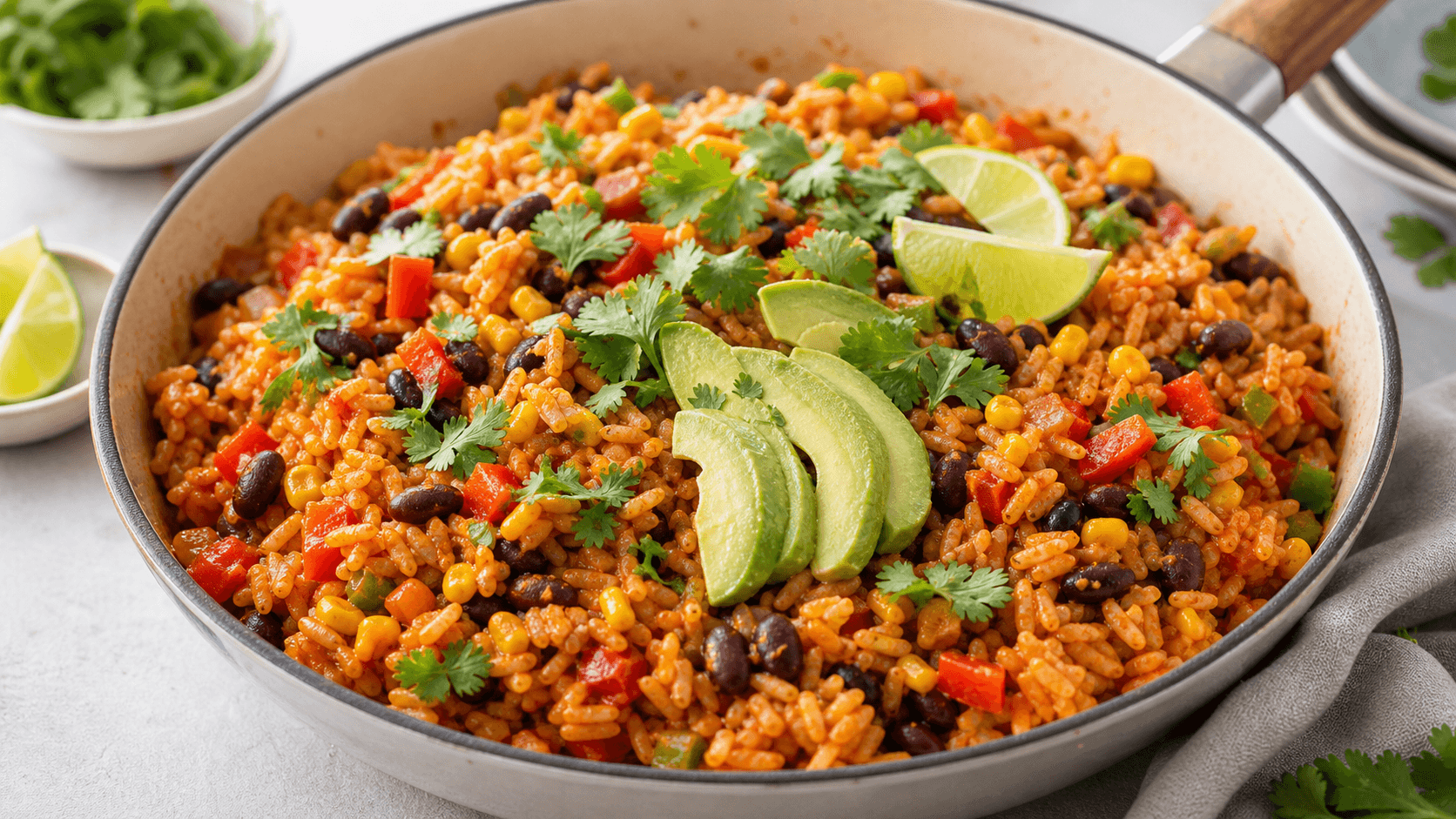 Mexicansk risret i pande med rød ris, bønner, majs, avocado, lime og koriander.