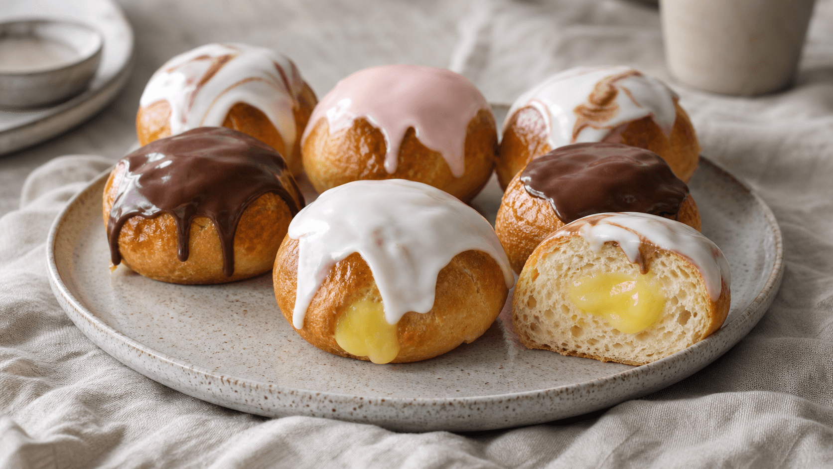 Mini fastelavnsboller med blank glasur, vaniljecreme og forskellige farver glasur.