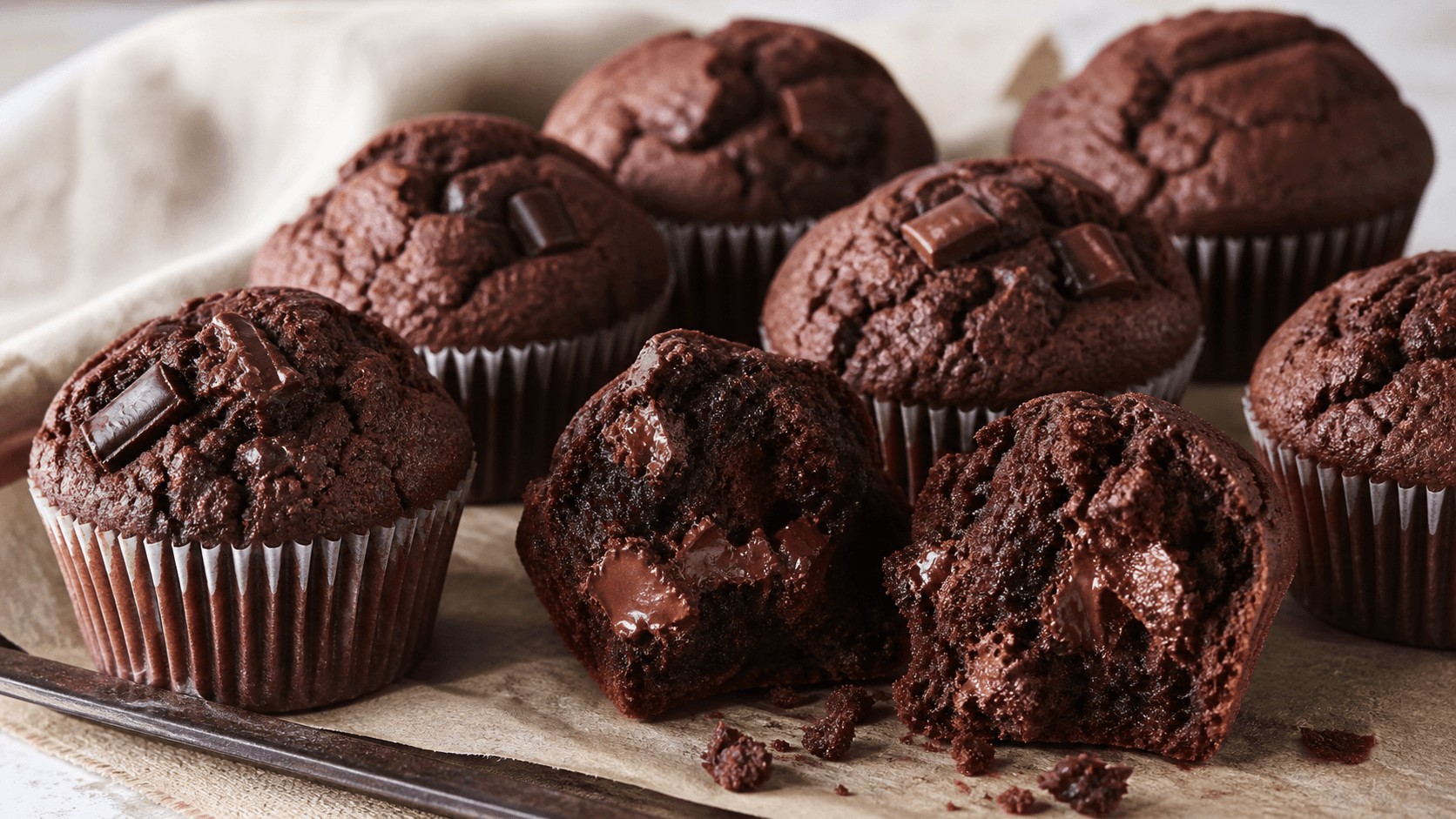 Chokolademuffins i papirforme med mørk krumme, chokoladestykker og en muffin brækket åben.