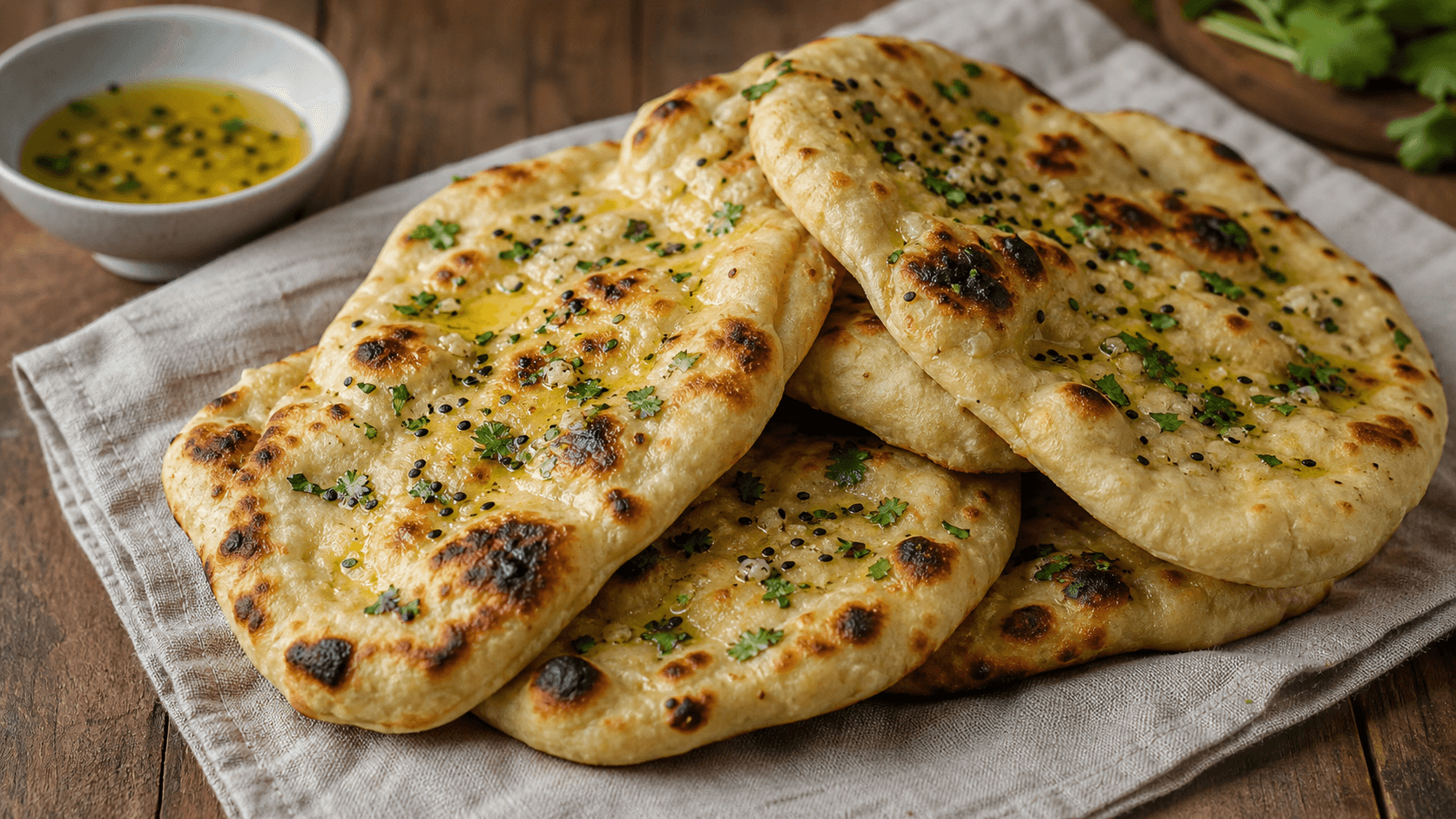 Naanbrød stablet på klæde med smørglans, sorte stegepletter og grønne urter.