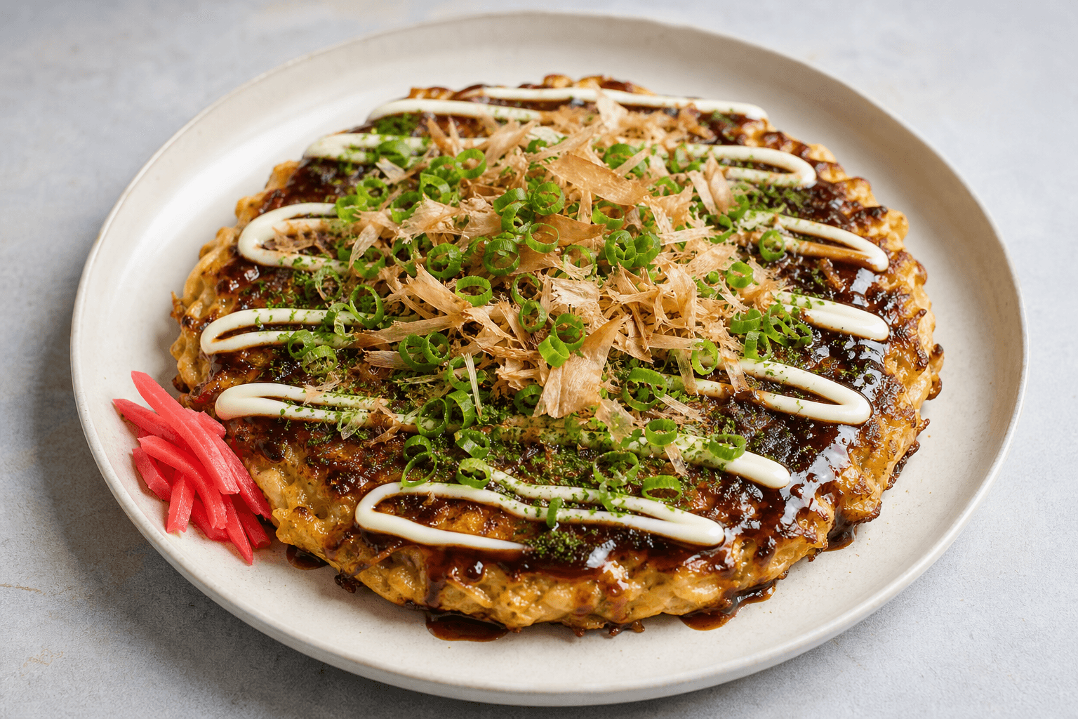 Okonomiyaki på tallerken med brun sauce, mayo-striber, grønne urter, bonito og syltet ingefær.