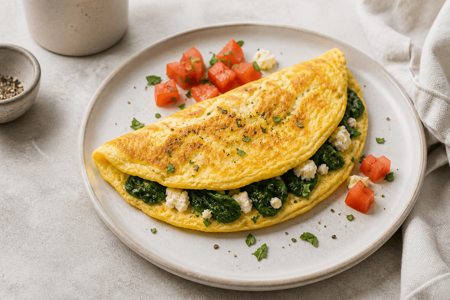 Omelet med spinat på tallerken med gylden fold, spinatfyld og tomat ved siden af.