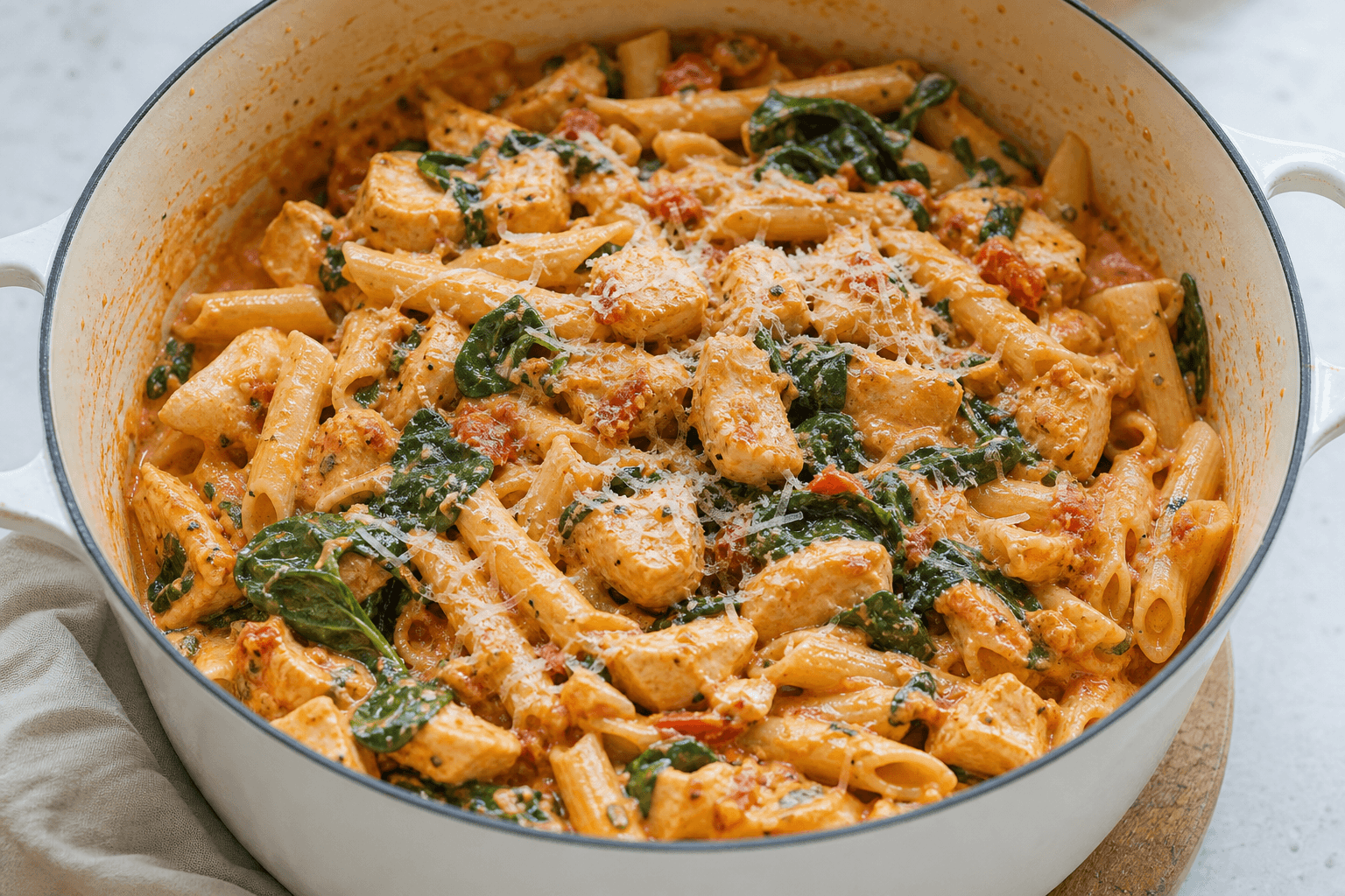 One pot pasta med kylling og spinat i gryde med cremet sauce og revet ost.