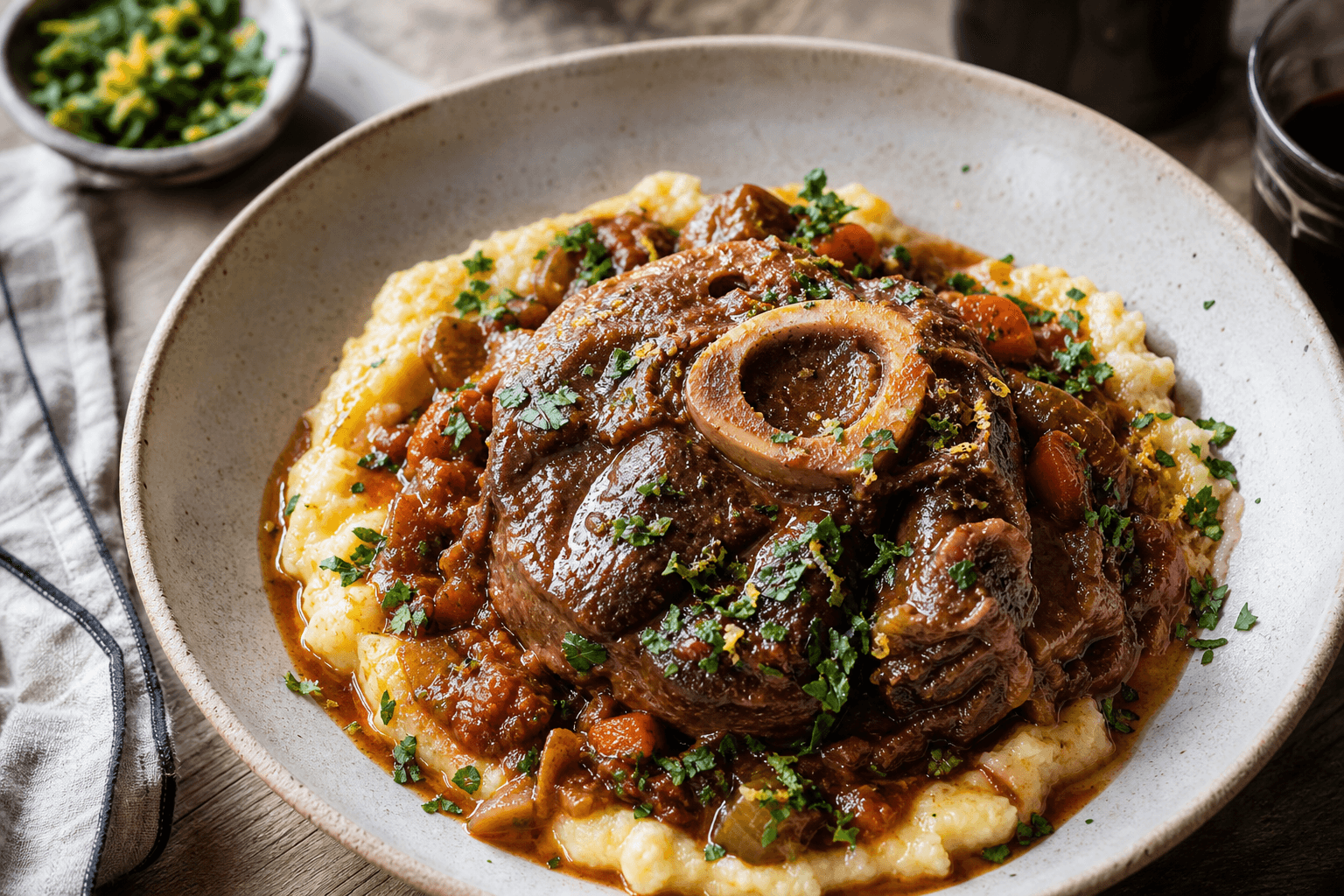 Osso buco i skål med braiseret skank, synlig marvknogle, tomatsauce og gremolata.
