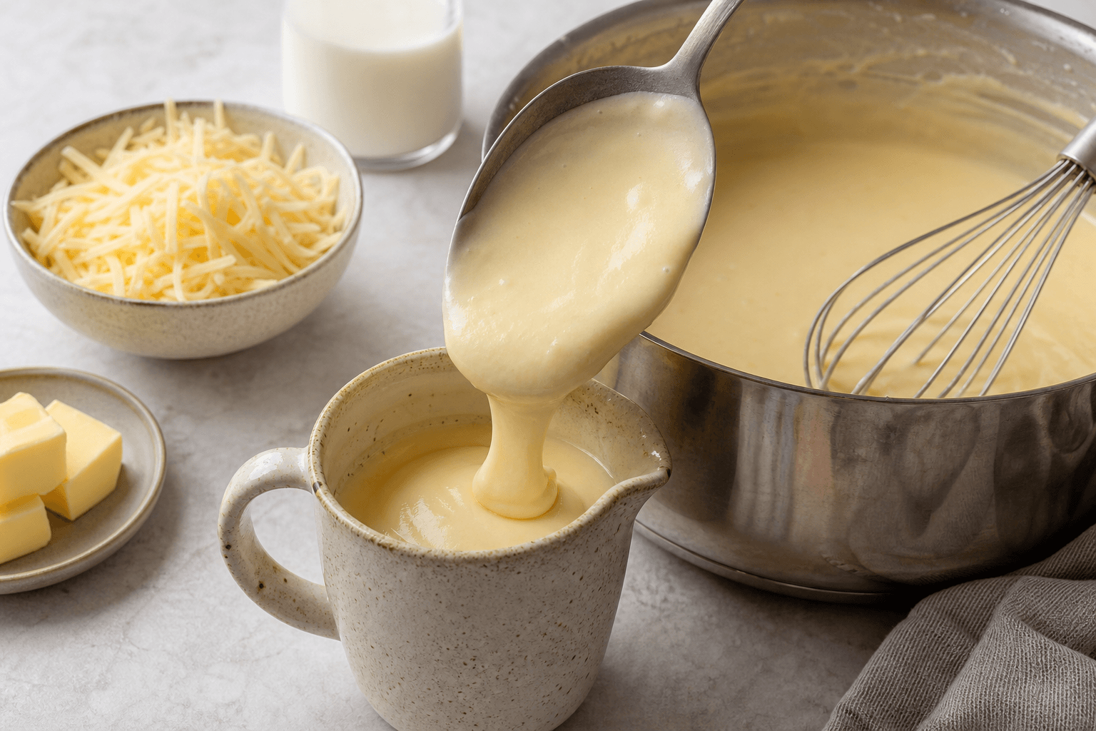 Ostesovs hældt fra ske ved gryde med glat lys sauce, revet ost og smør ved siden af.
