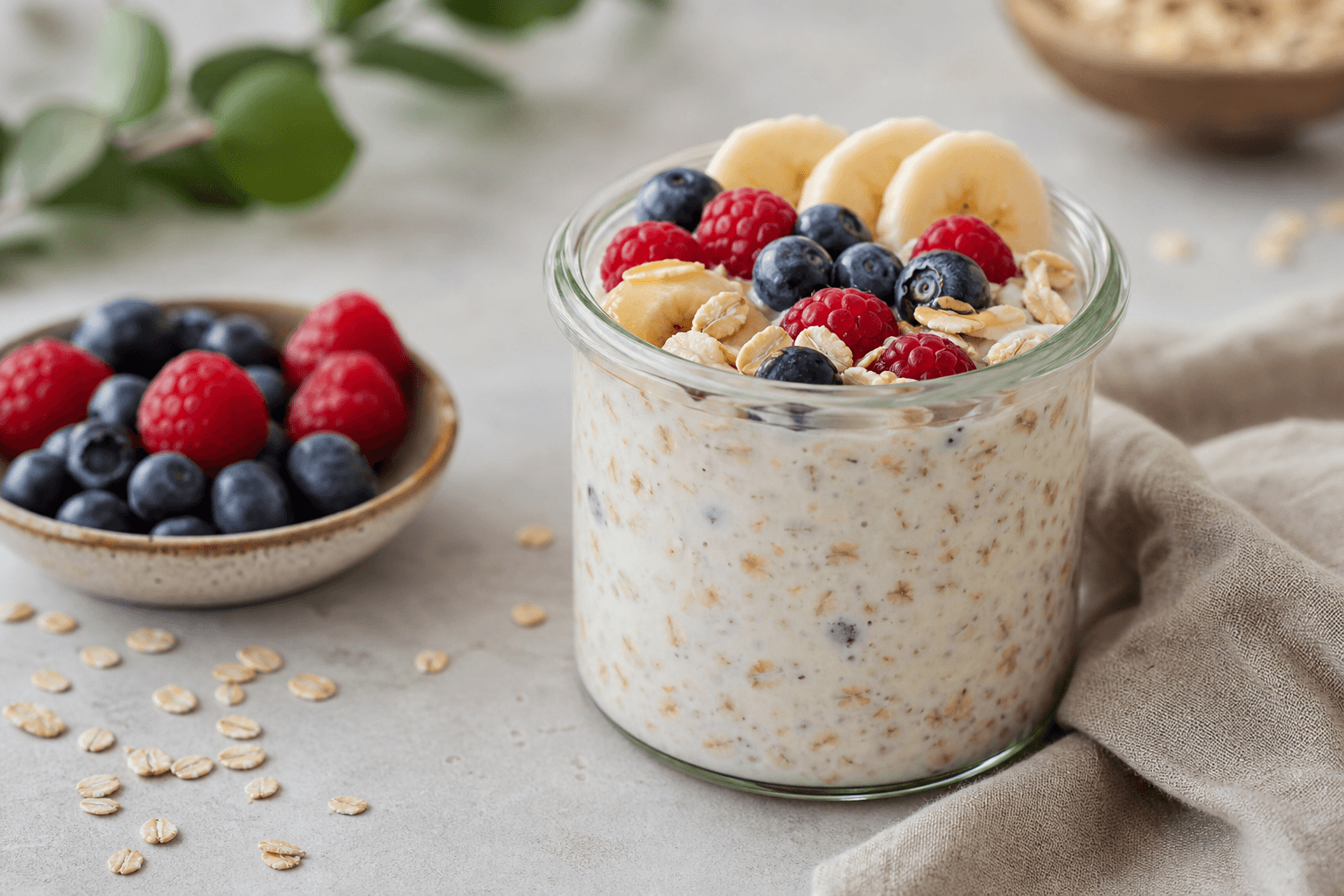 Overnight oats i glas med cremet havre, bær, banan og synlig havretekstur.