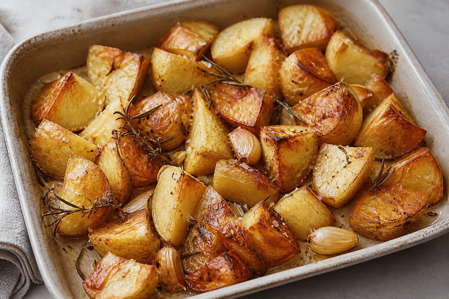 Ovnstegte kartofler i bradepande med sprøde kanter, hvidløg, rosmarin og salt.