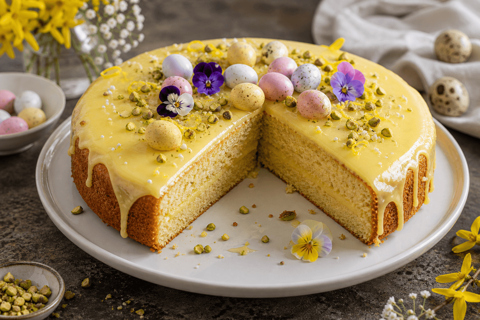 Påskekage med gul glasur, pistacie, forårsblomster og små påskeæg.