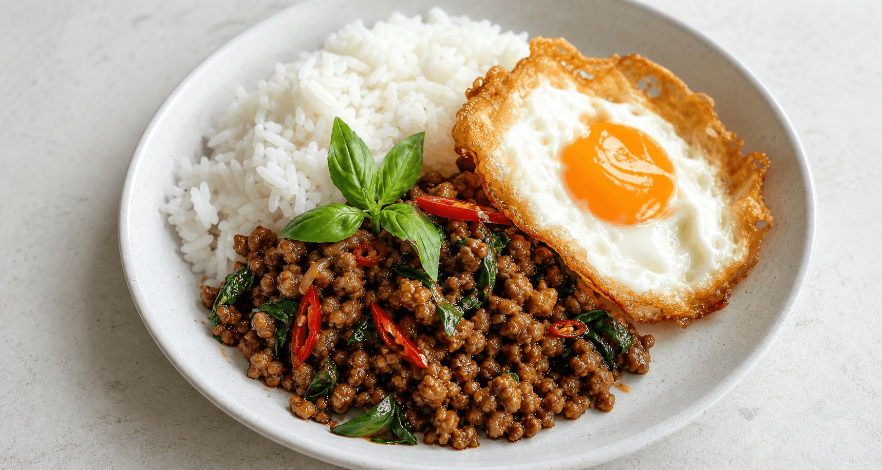 Pad krapow med ris, krydret hakket kød, basilikum, rød chili og spejlæg med sprød kant.