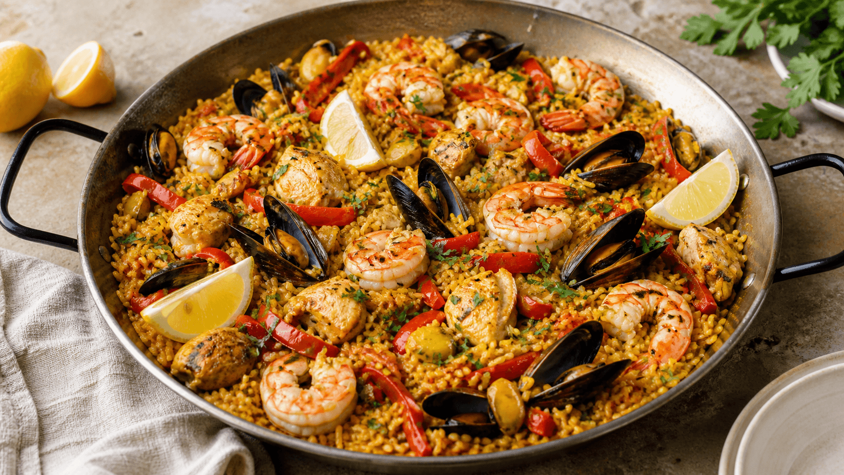 Paella i bred pande med gylden ris, rejer, muslinger, citron og persille.